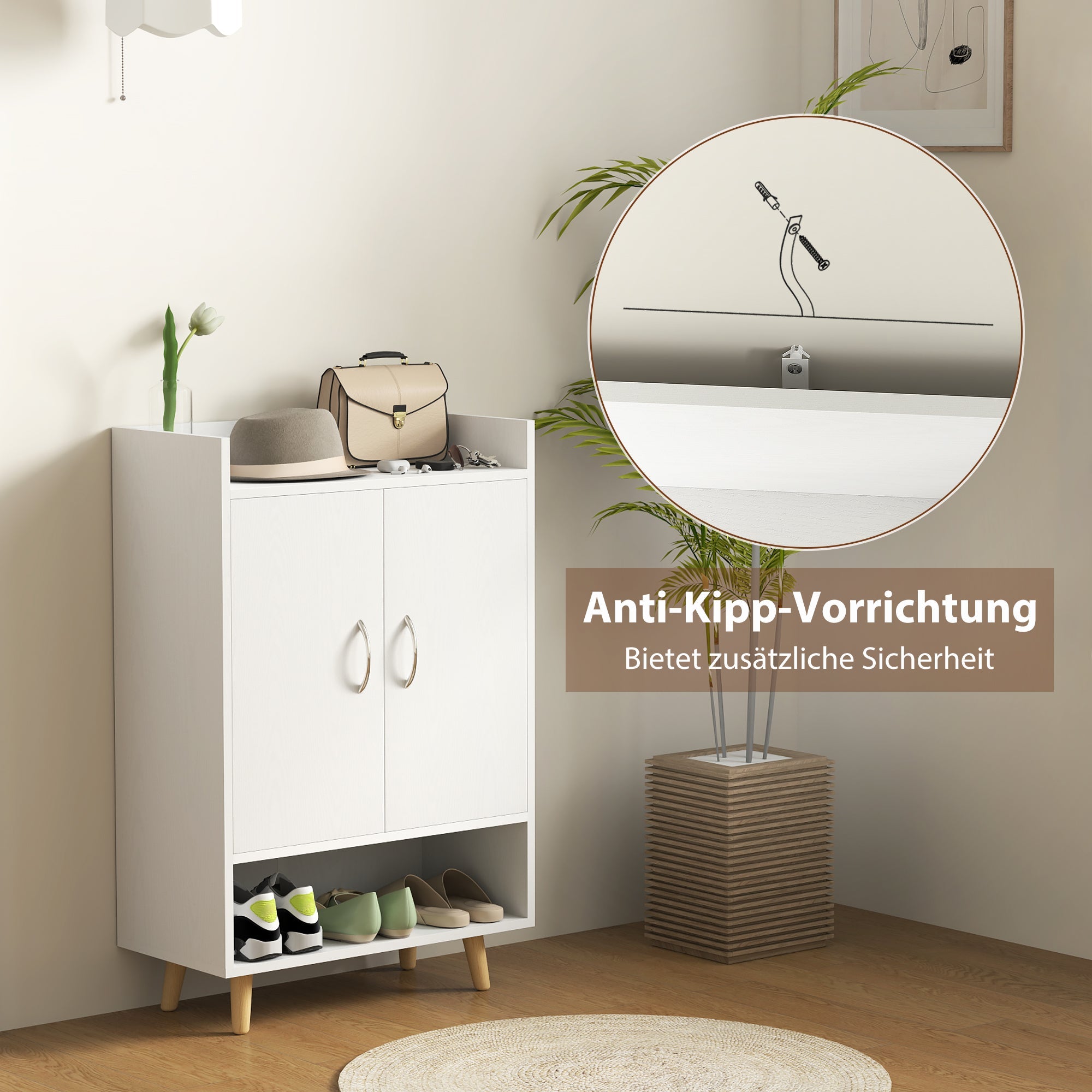 Shoe Cabinet with Doors and Shelves, Holds 12 Shoes, White Wood