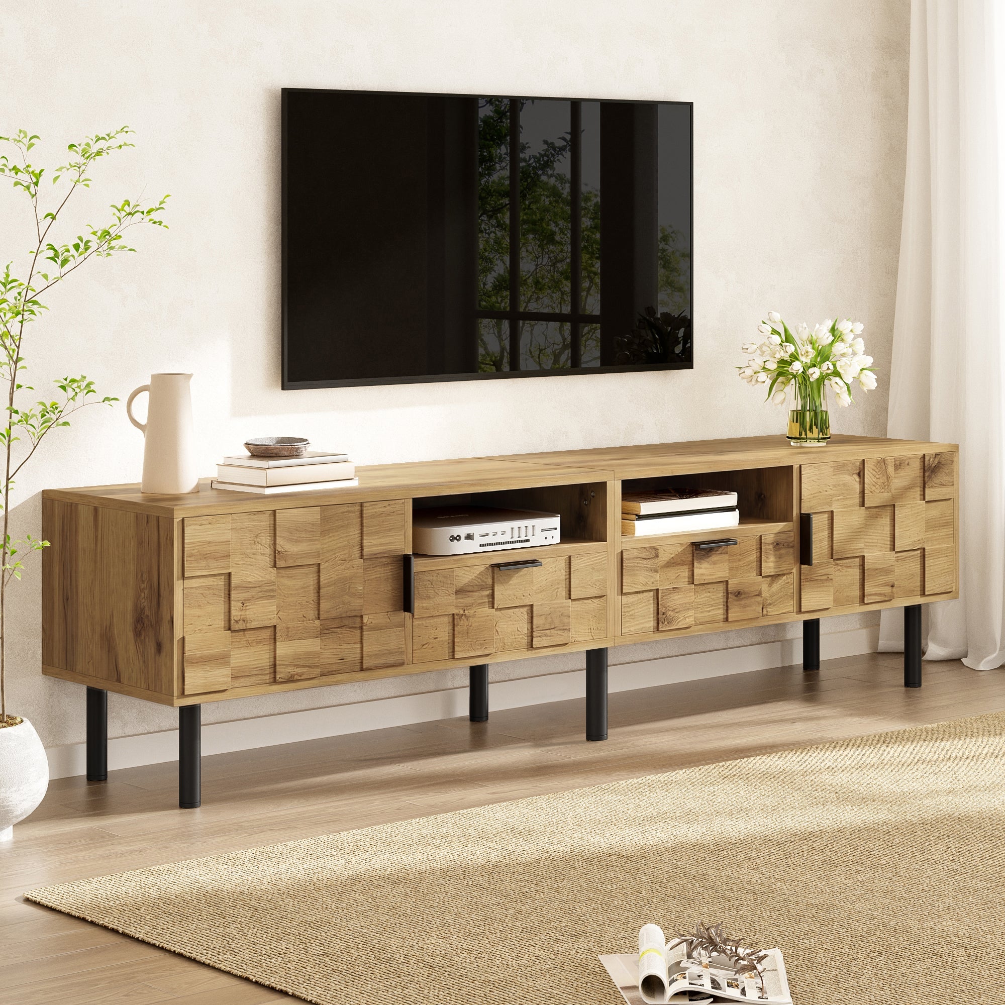 Mosaic TV Cabinet with 2 Doors, 2 Drawers and 2 Open Shelves, Wood Look Chipboard and Metal