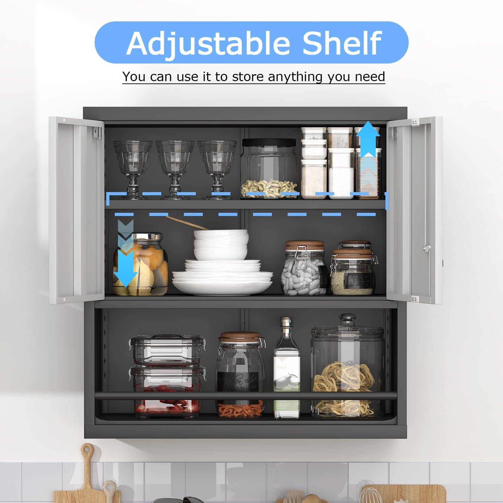 Storage Cabinet with 2 Doors and Adjustable Shelves, Black Metal
