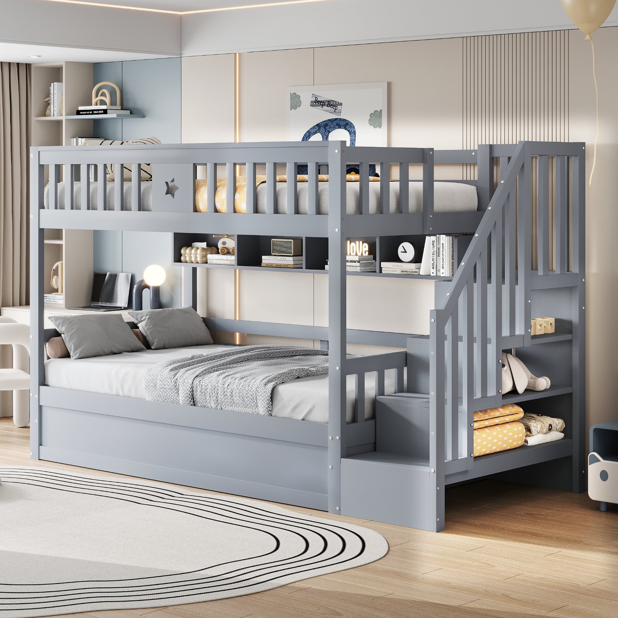 Wooden Bed 90x200cm Hydraulic Storage Stairs Shelves Loft Bunk Youth Bed, Grey