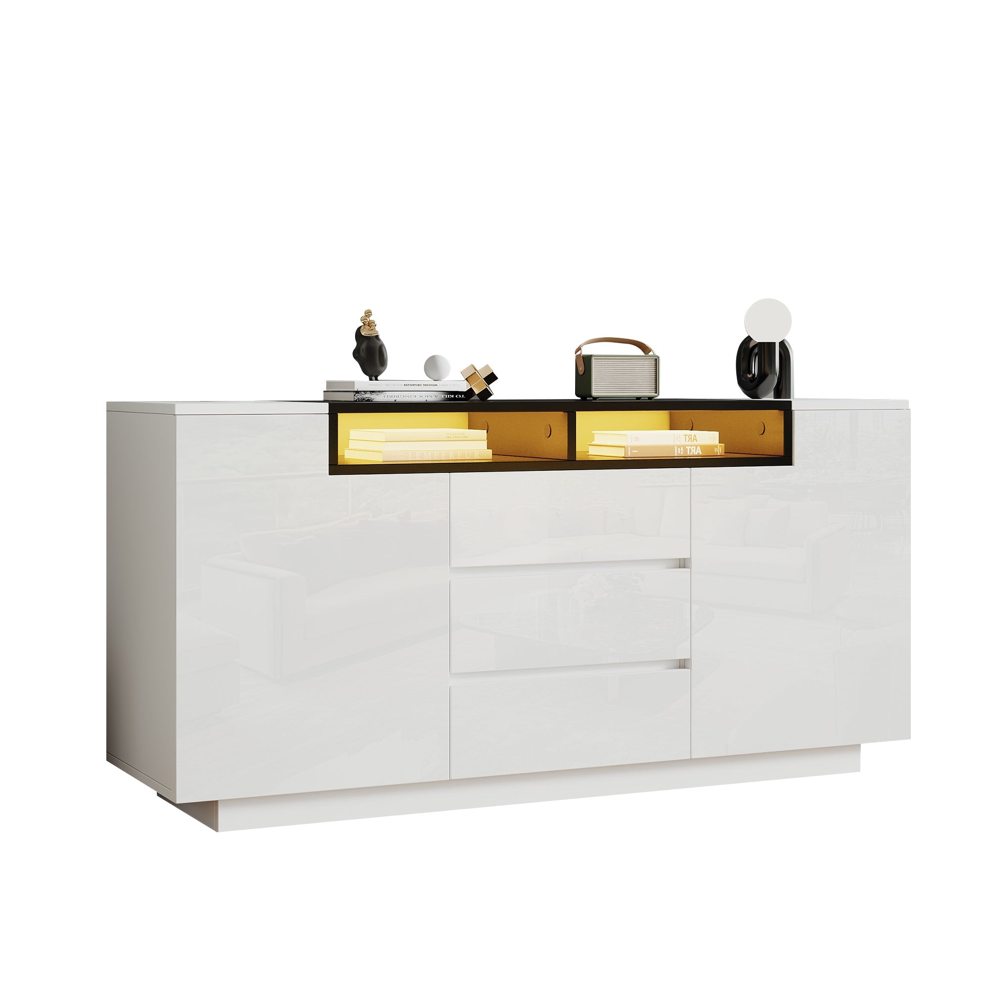 Sideboard Cabinet 140x40x68cm Adjustable Dividers LED Lights 3 Drawers, High-Gloss White/Black