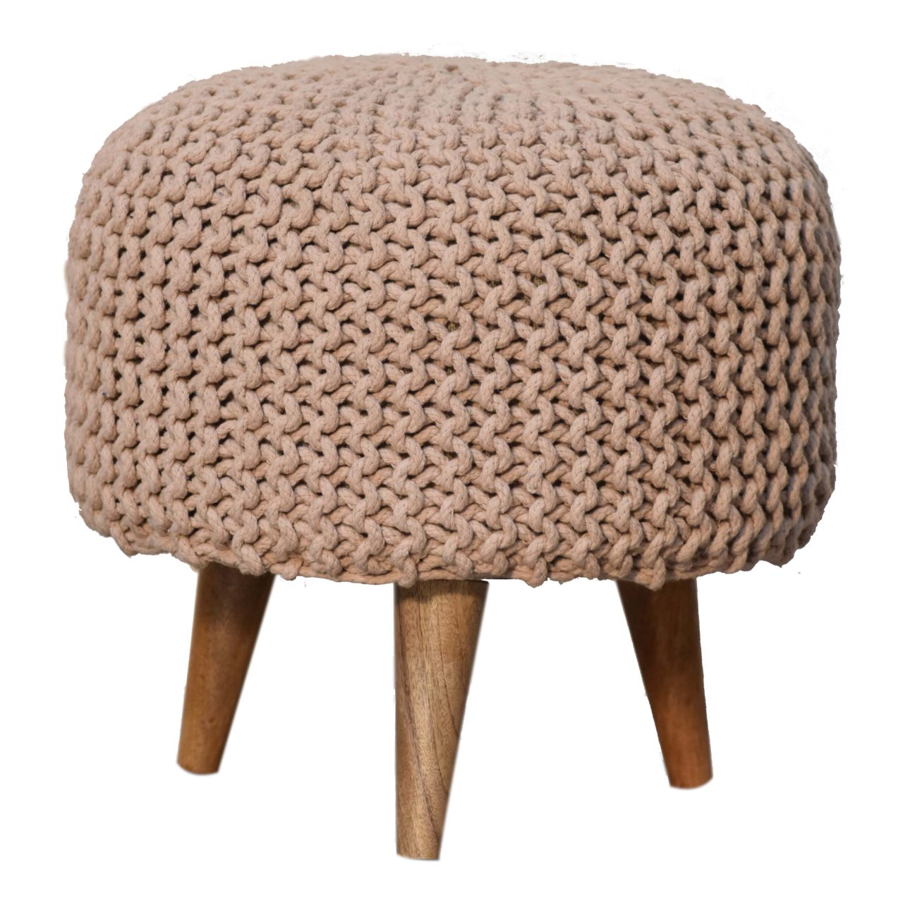 Solid Wood Keeva Round Footstool, Upholstered, Peach