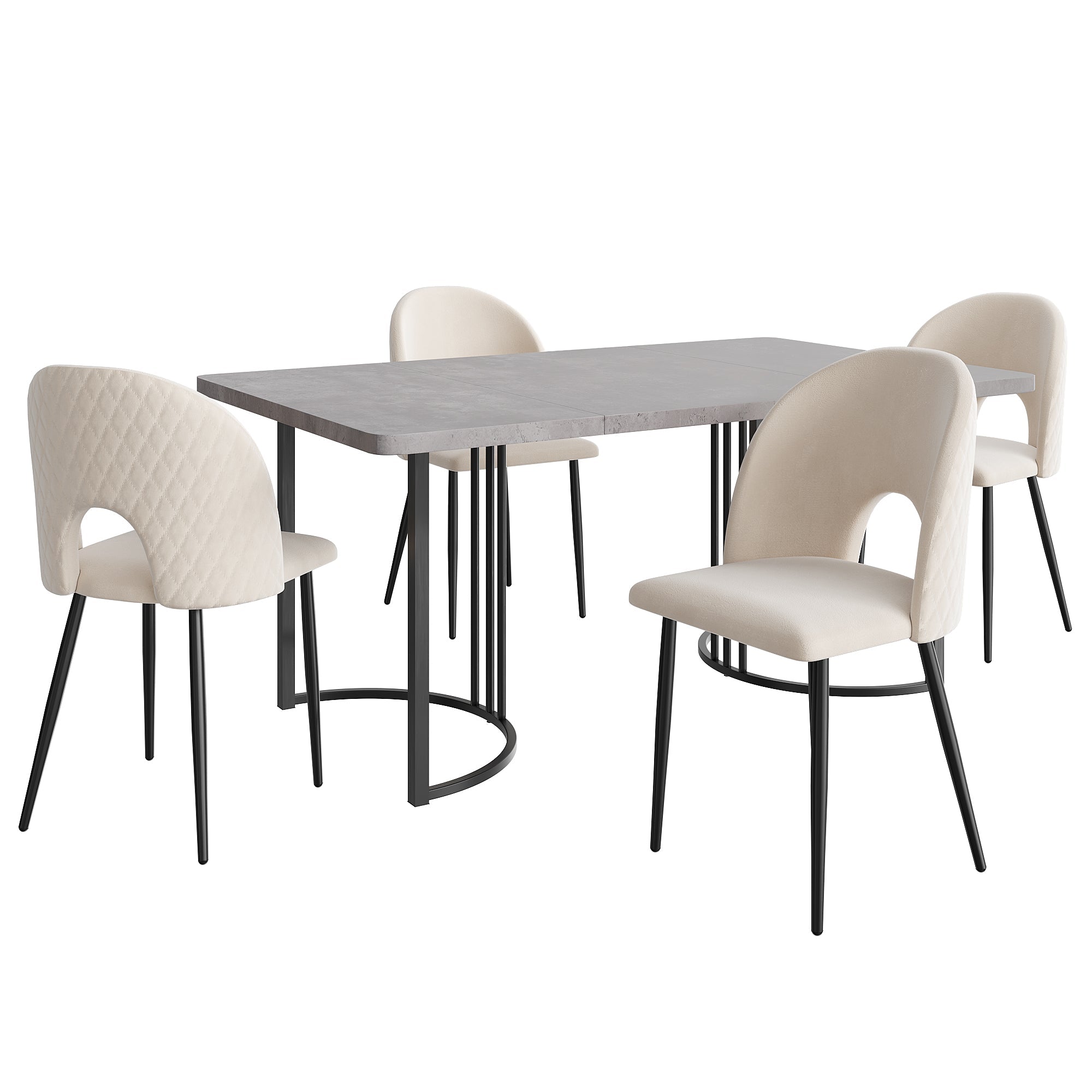 Dining Set, 140x80cm Table with 4 Velvet Chairs, Beige & Gray