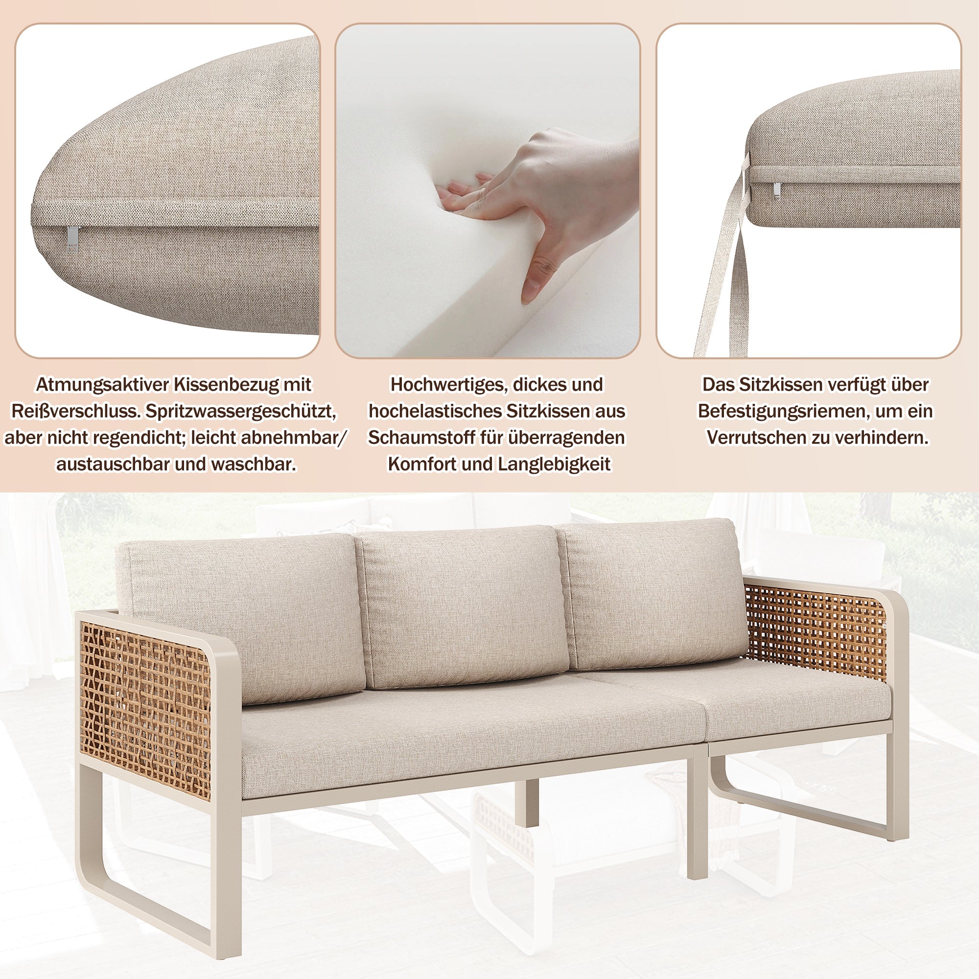 Garden Lounge Set for 6-7 People with Side Table and Washable Cushions, PE Rattan, Beige