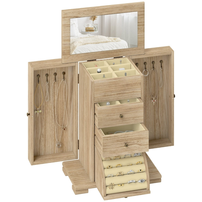 Schmuckkasten, 4-lagig mit Spiegel, Holzbraun