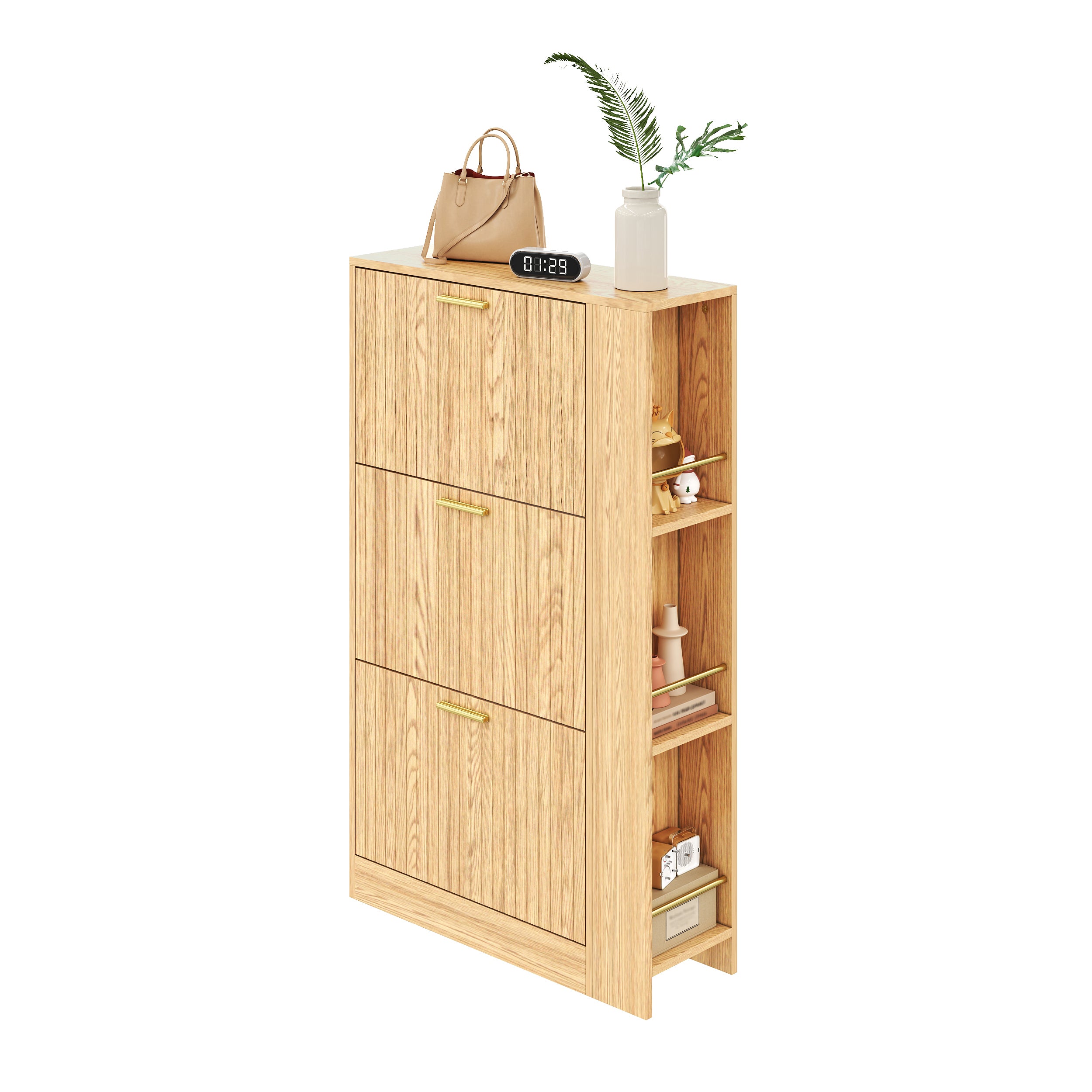 Shoe Cabinet Modern Minimalist 3 Doors Open Shelves - Wood