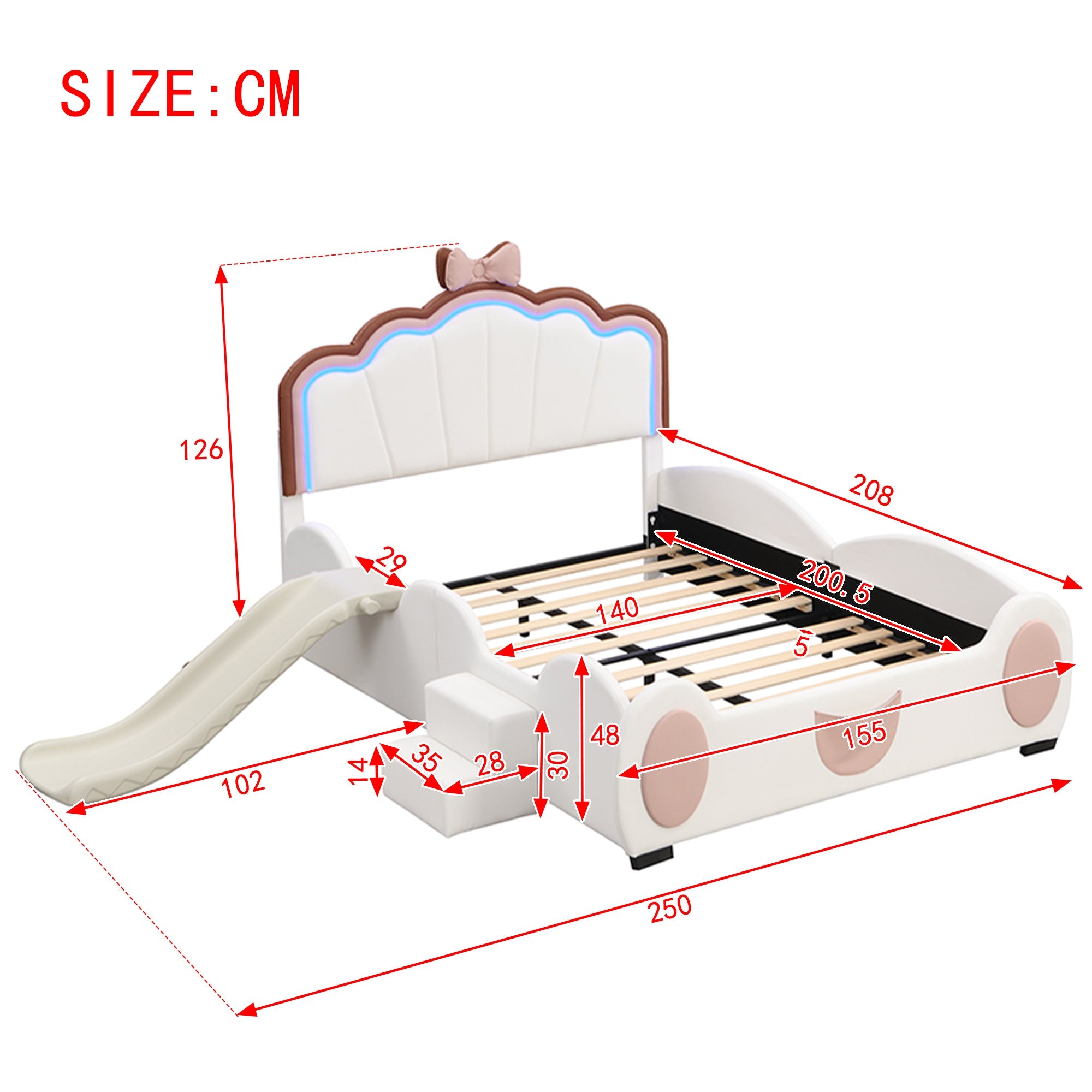 Cartoon Butterfly Bed 140x200cm LED Light Slide Ladder - Pink/White PU