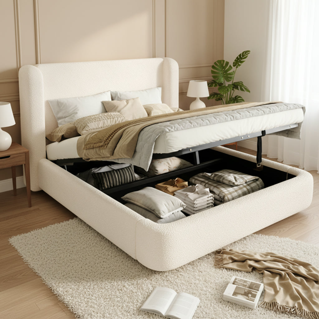 Upholstered Double Bed with Hydraulic Storage, Slatted Frame, and Headboard, Beige Bouclé, 160 x 200