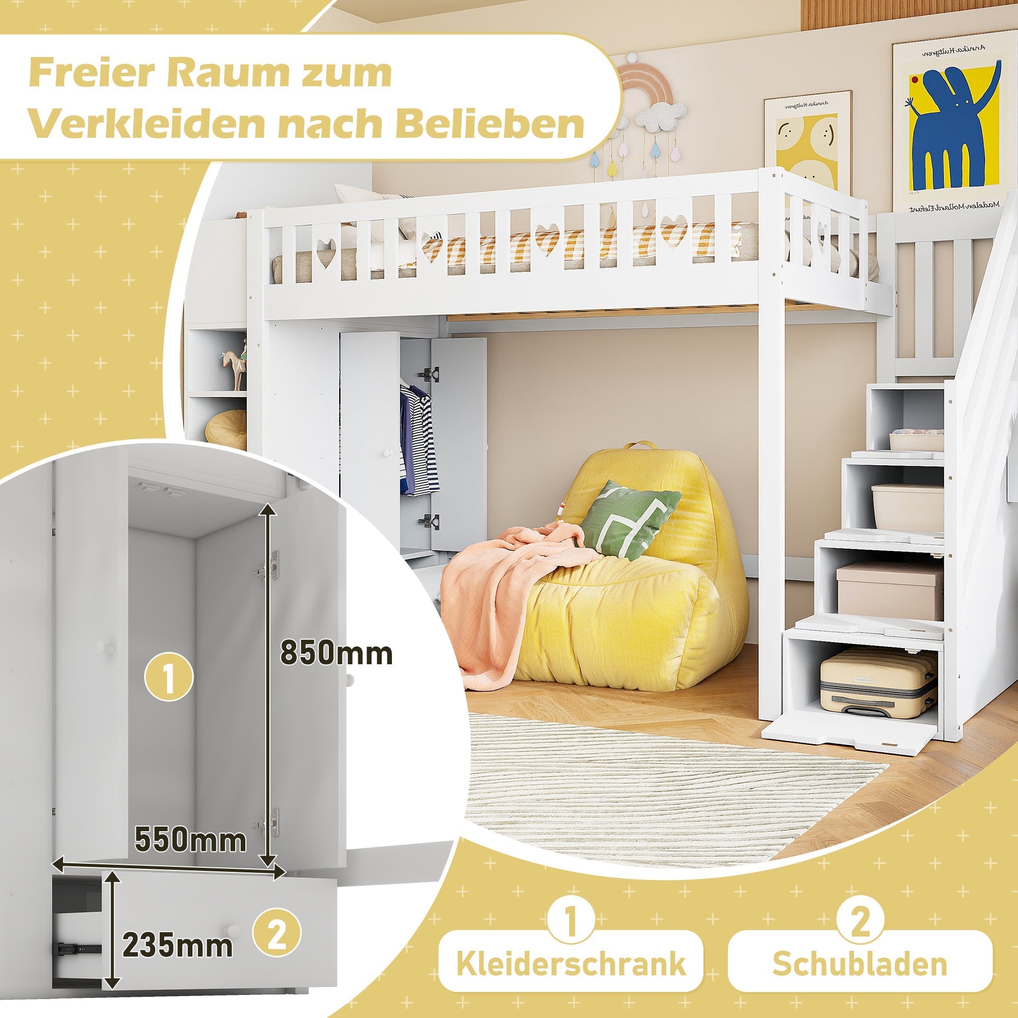Loft Bed 90x200cm Storage Ladder Shelves Fold-Down Cabinet Love Railing - White