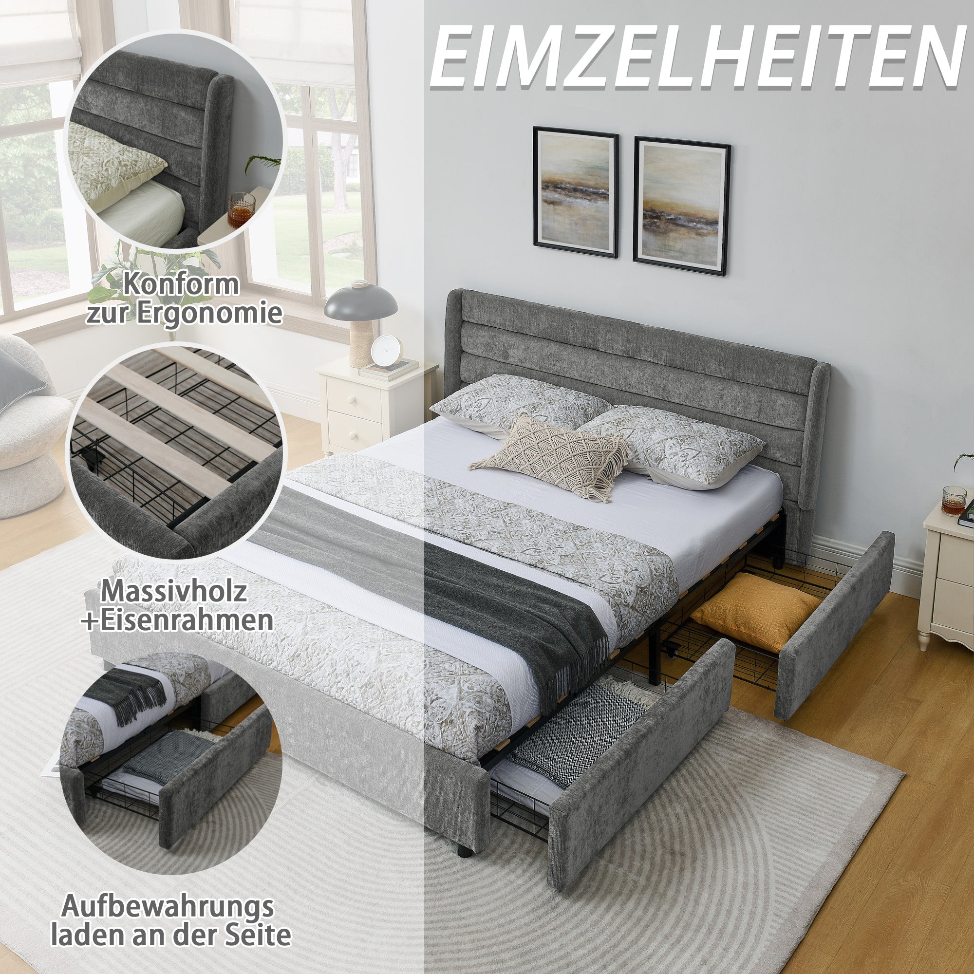 Double Bed 160x200cm with 4 Large Storage Drawers, Dark Grey Chenille