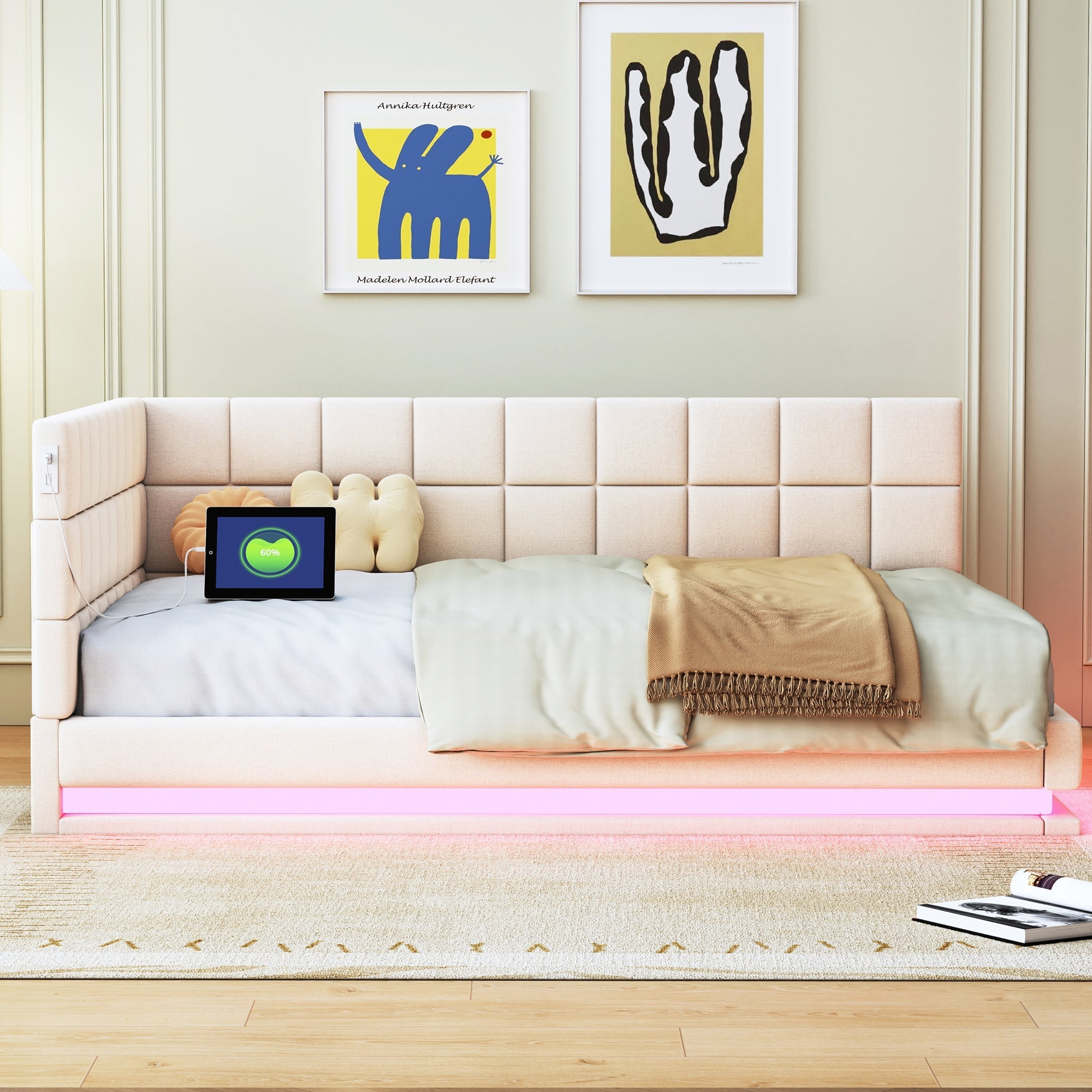 Upholstered Bed Sofa, 140x200 Multifunctional with LED & USB, Velvet Beige