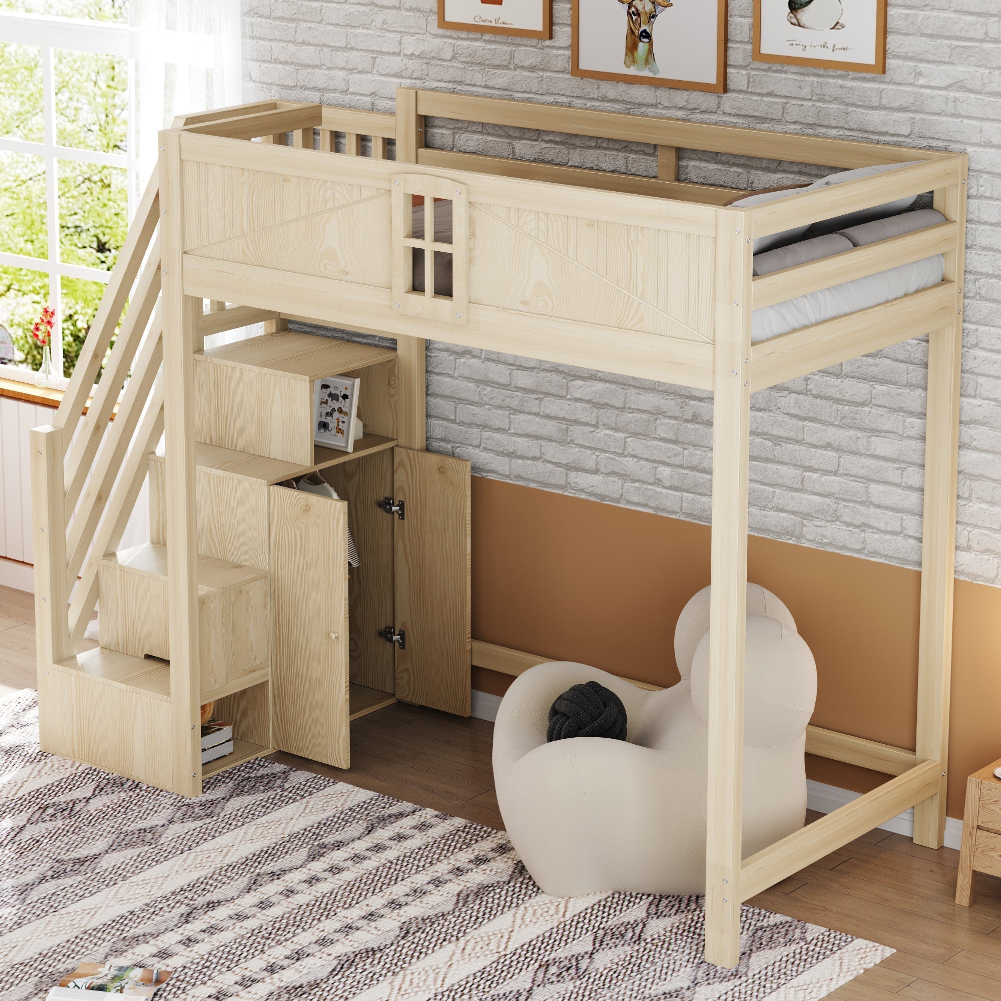 Solid Wood Loft Bed 90 x 200 cm with Safety Door and Storage Ladder, Wood Color