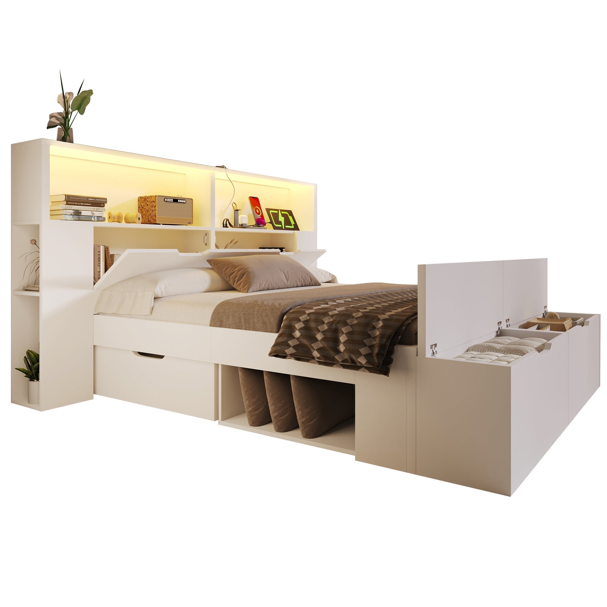 Wooden Double Bed 140x200cm Storage Drawers LED Lights USB White