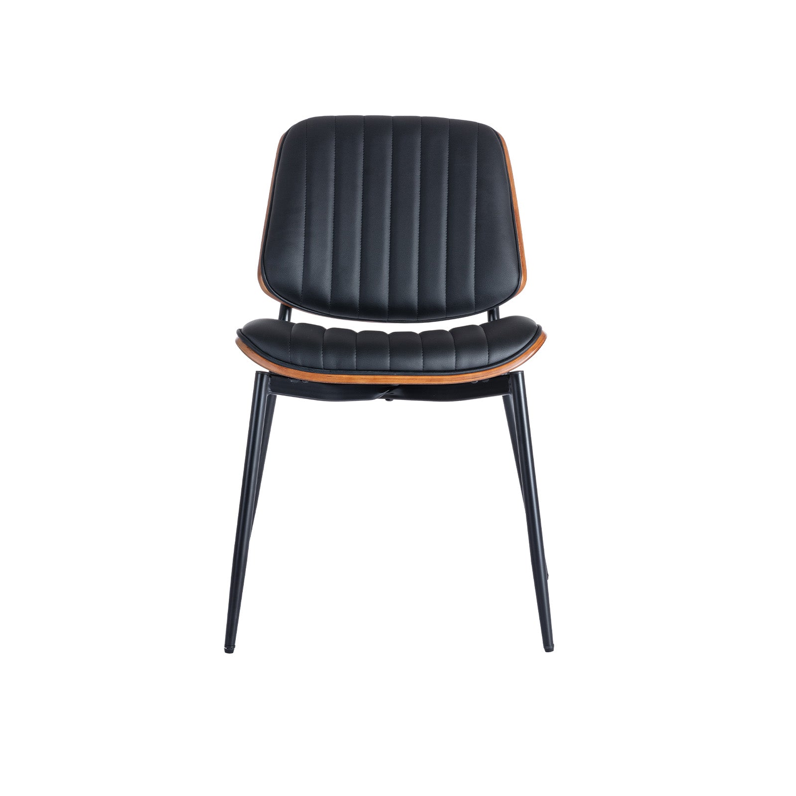 Dining Chairs Set of 2 Mid-Century Modern Retro Walnut Bentwood Back Upholstered Seat Metal Legs - Black Faux Leather