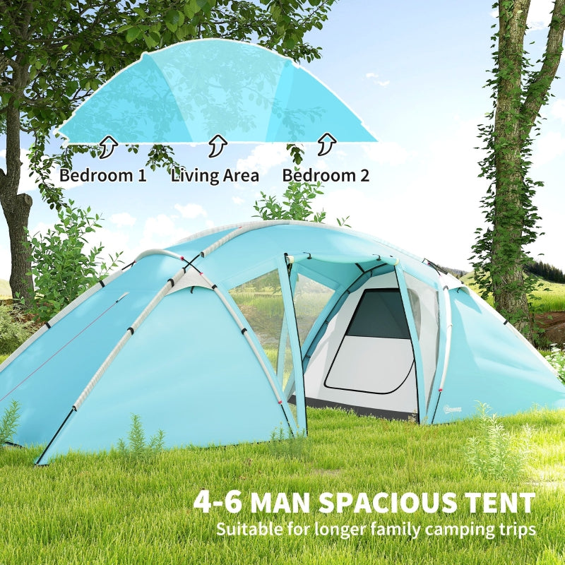 4-6 Man Family Camping Tent with 2 Bedrooms Living Room Waterproof Tunnel, Blue