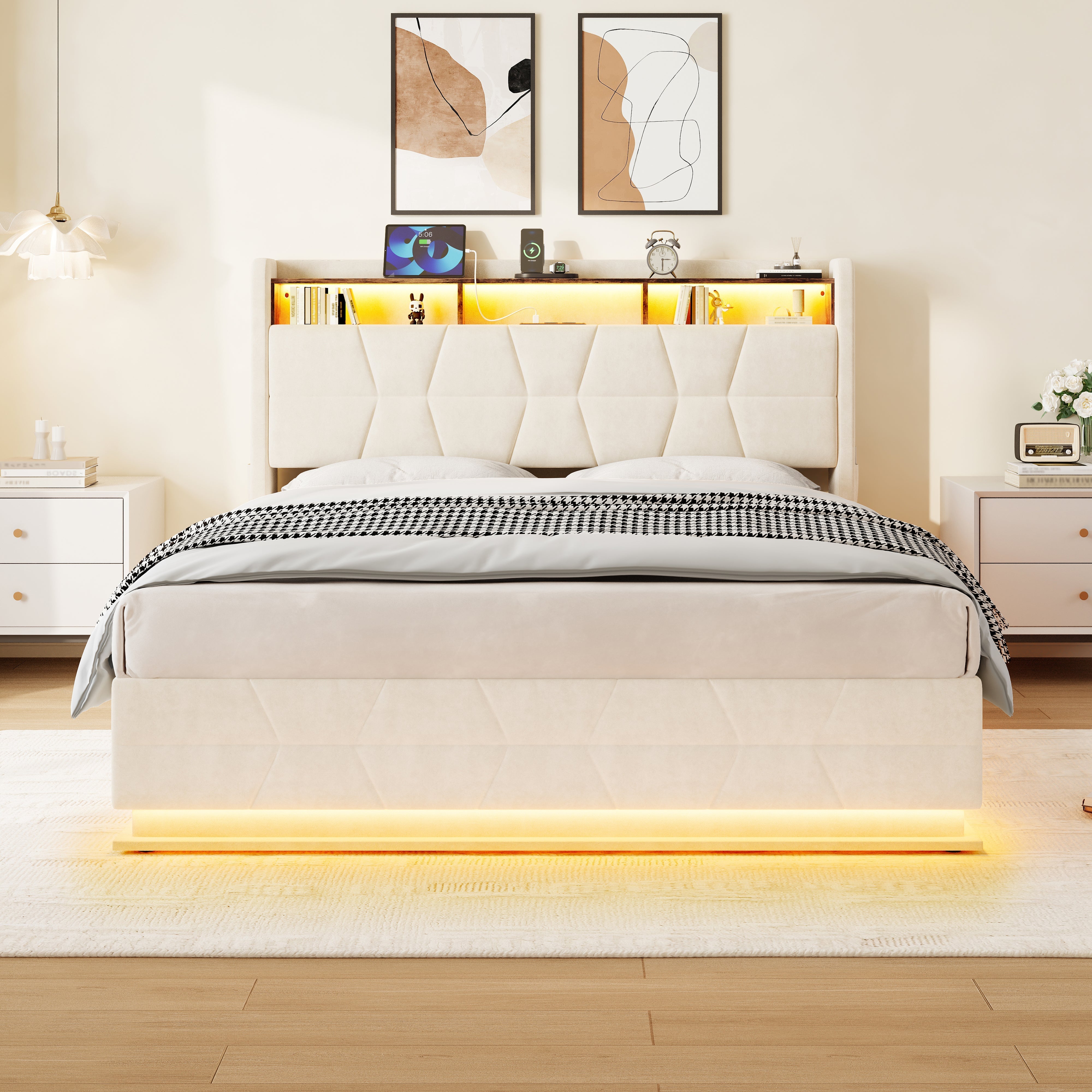 Multifunctional Bed with LED Lighting and USB Charging Station, 140x190cm, Beige