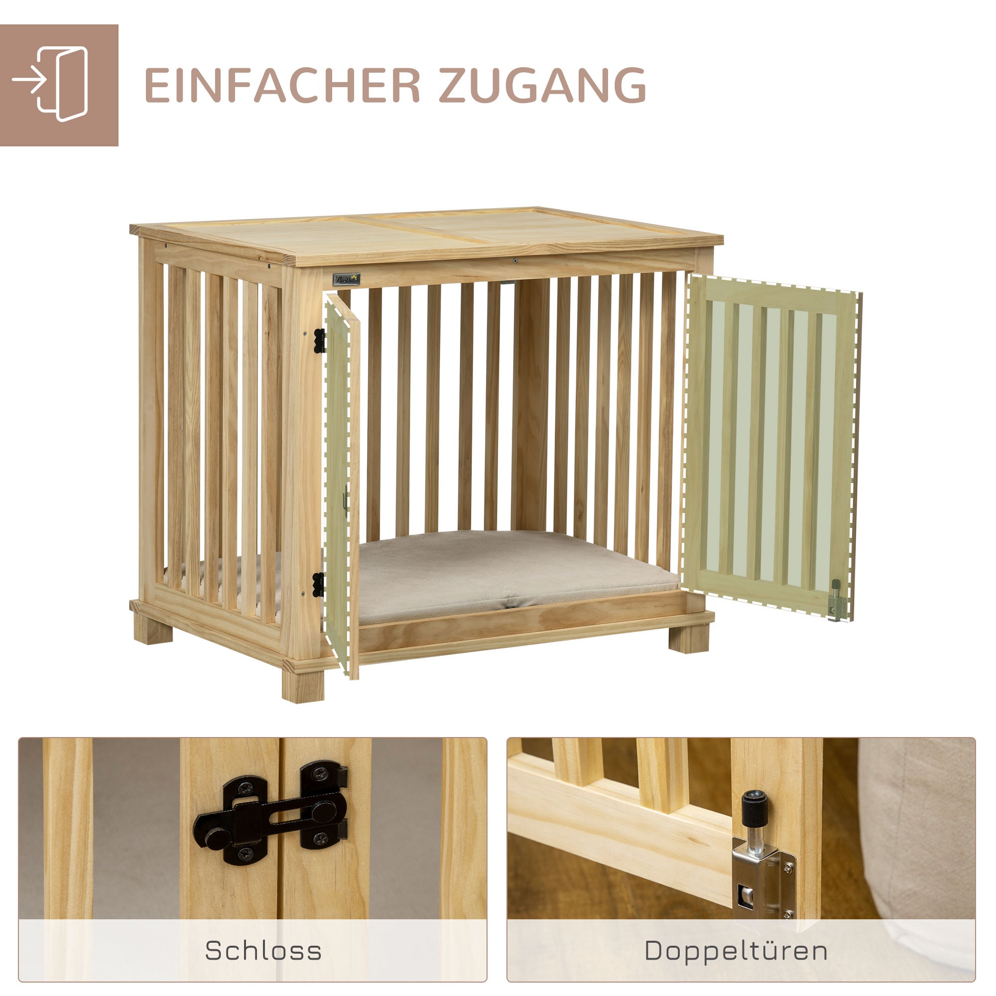 Hundebox für mittelgroße Hunde, Kissen, Naturholz in Cremeweiß