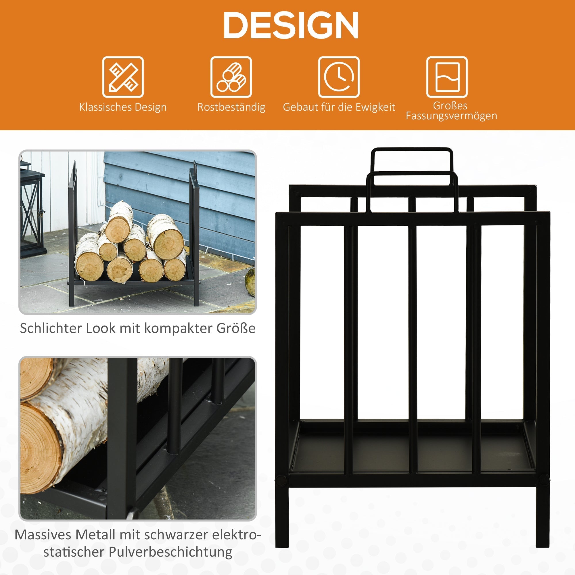 Firewood Rack, 50 kg Load Capacity, 2 Handles, Black