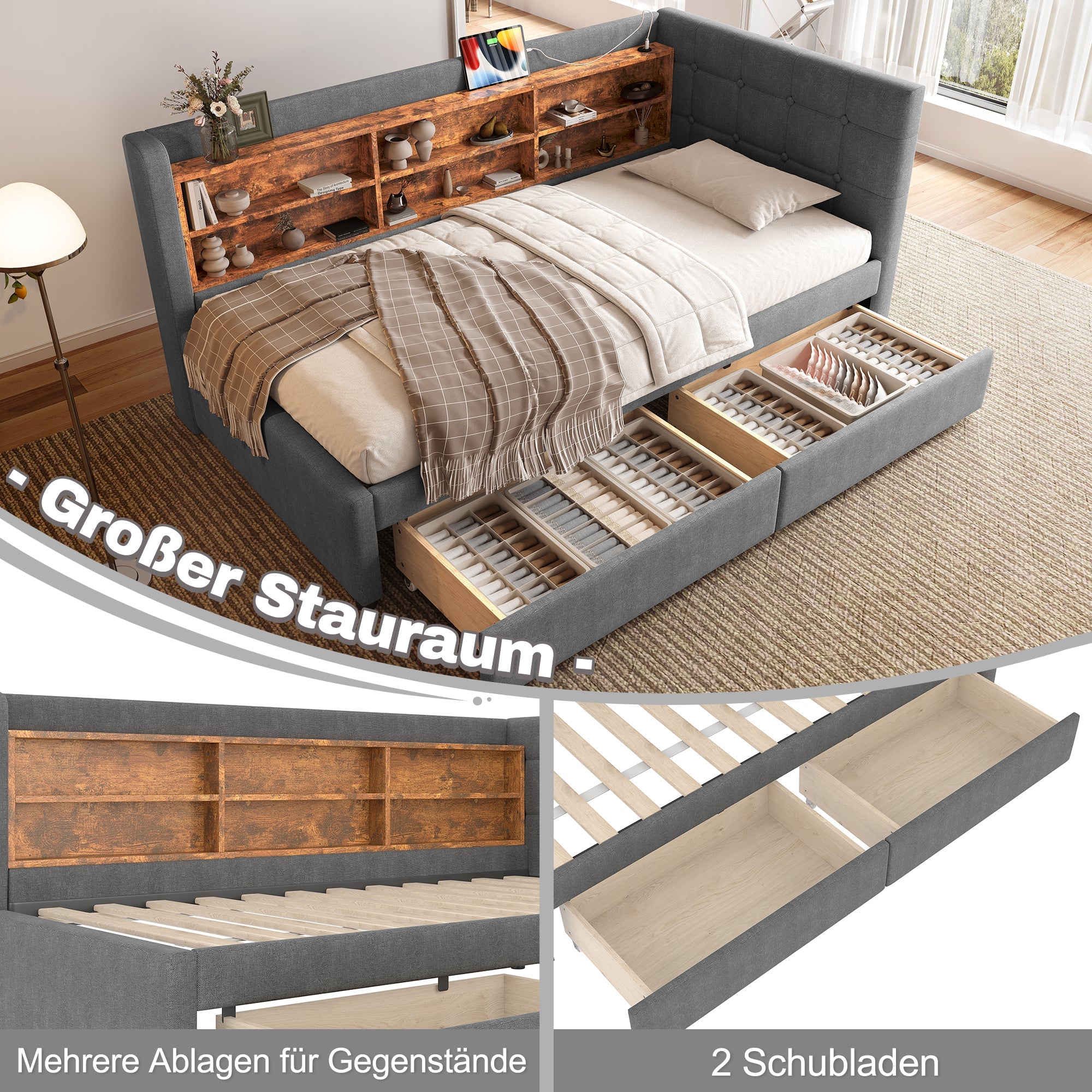 Daybed Sofa Bed 90x200cm 2 Drawers USB/Type C Storage - Linen Grey