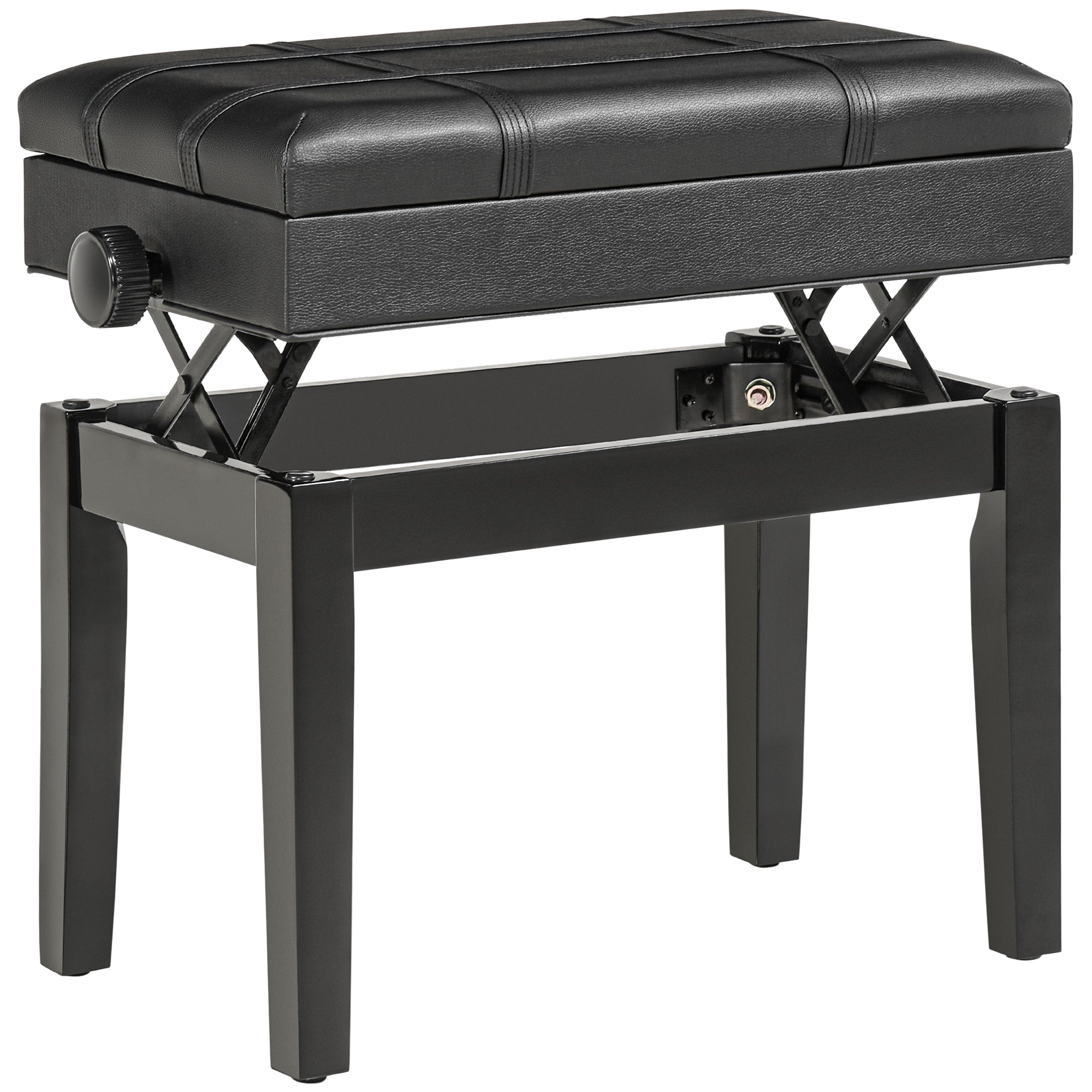 Piano Bench, Height-Adjustable with Storage, Leather Cushion, Black