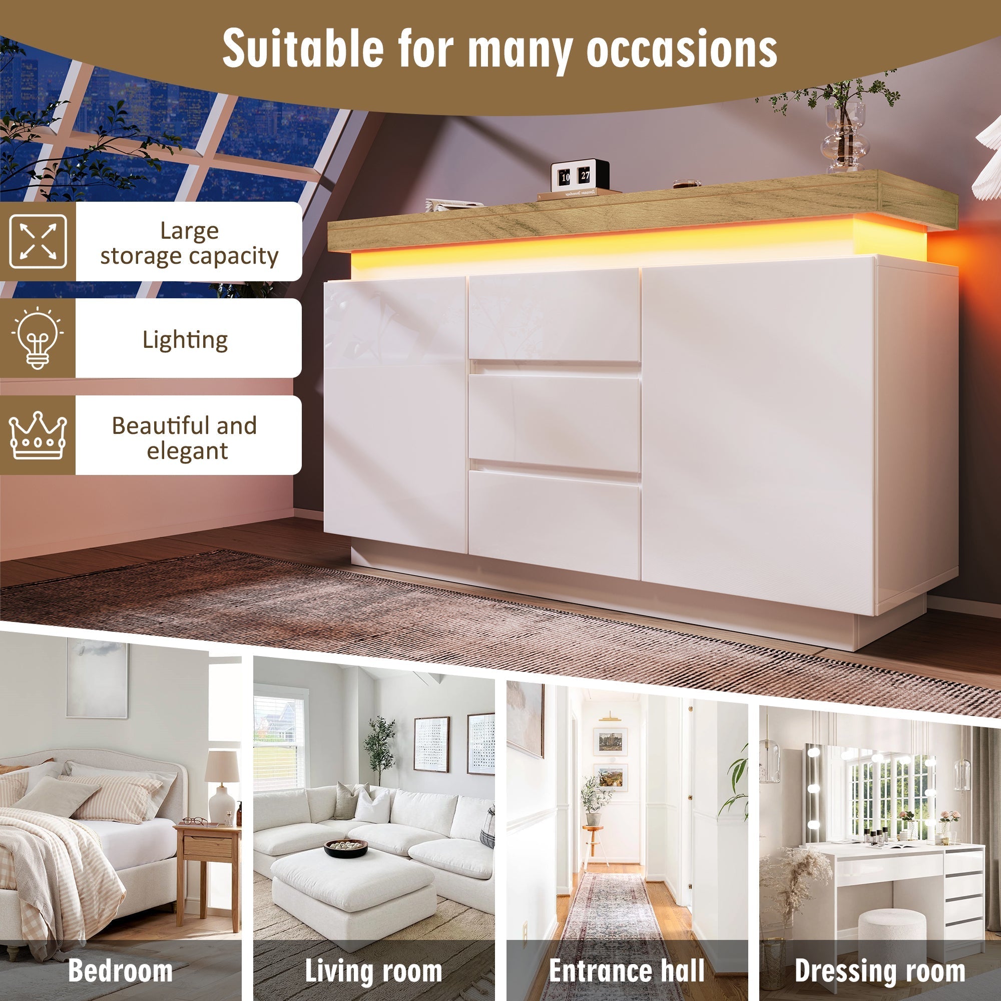 Chest of Drawers, High-gloss Sideboard Cabinet with 2 Doors and 3 Drawers, RGB LED Storage, White