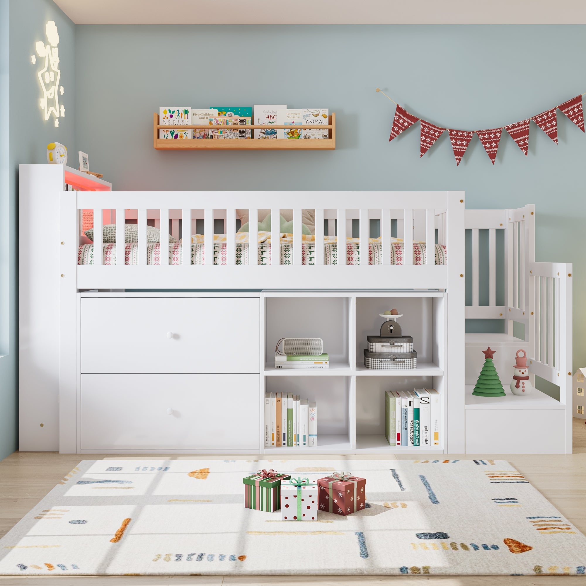 Wooden Bed Storage Bed, 3ft Single with LED Lights and Drawers, White Pine+MDF+Plywood