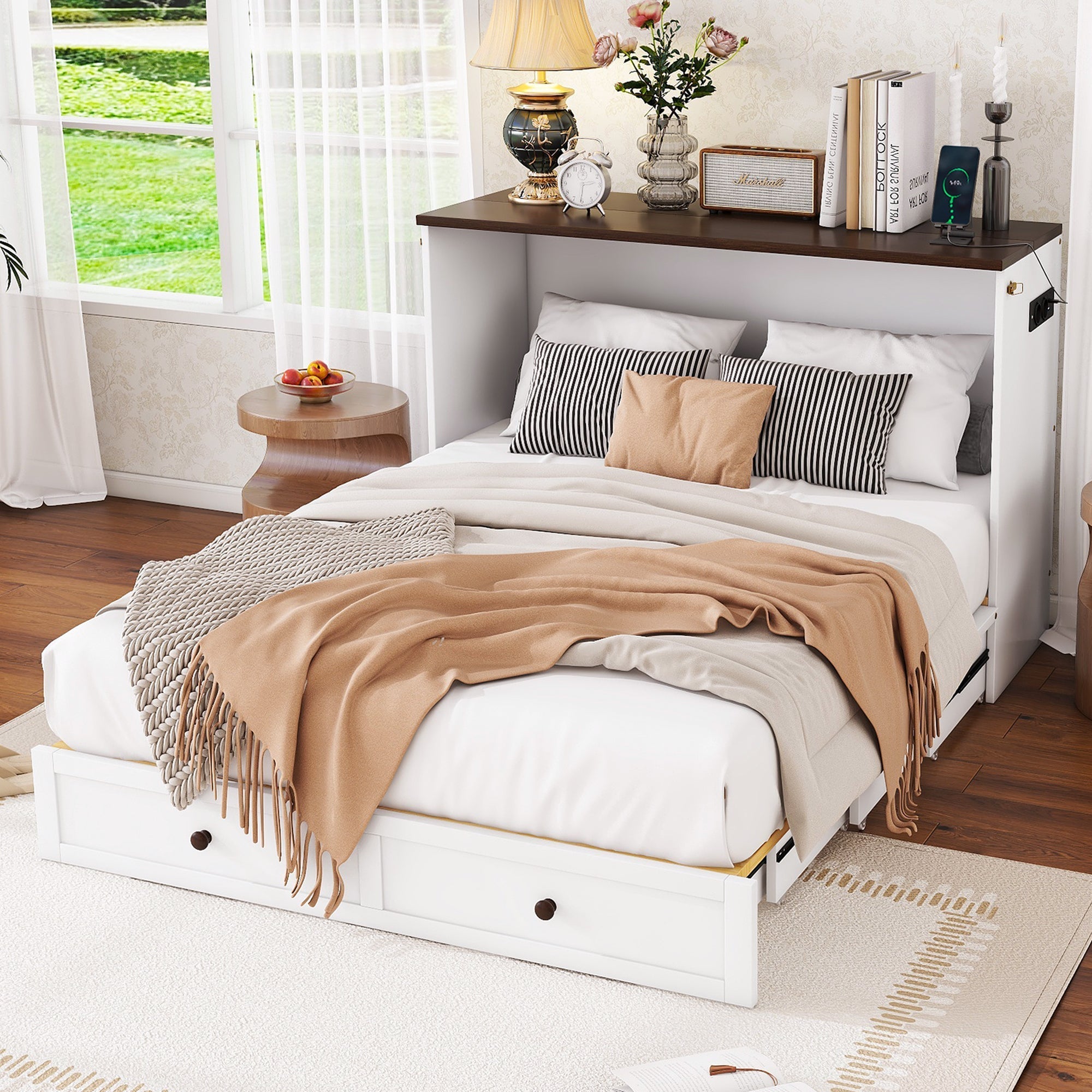 Mobile Wall Bed 140x200cm Convertible Storage Drawers Shelf USB Outlet - White