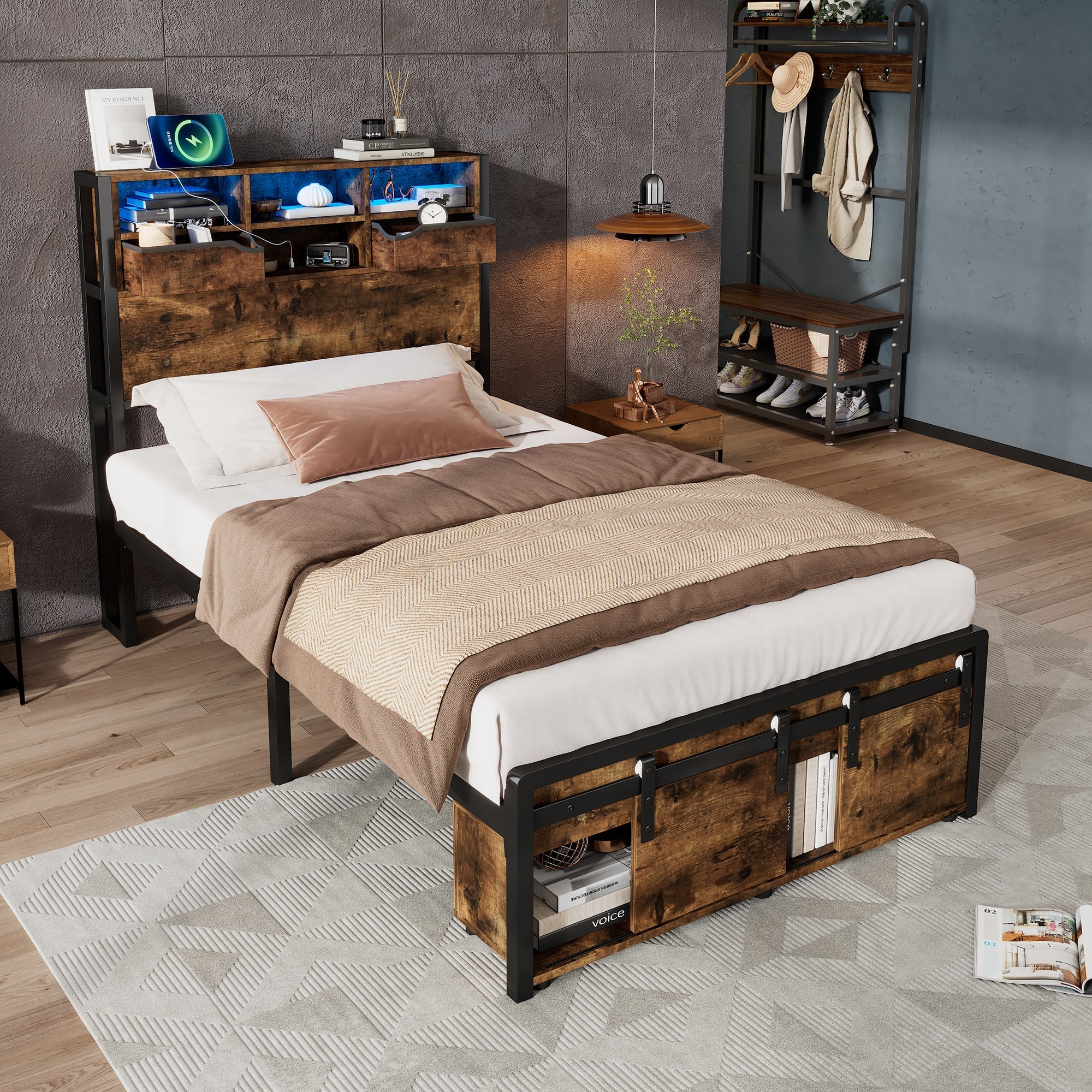 Metal Iron Bed, 3ft Single 90x190cm, with Multi-Color LED Lights, Charging Port (2A/1C), Storage, Black Wood