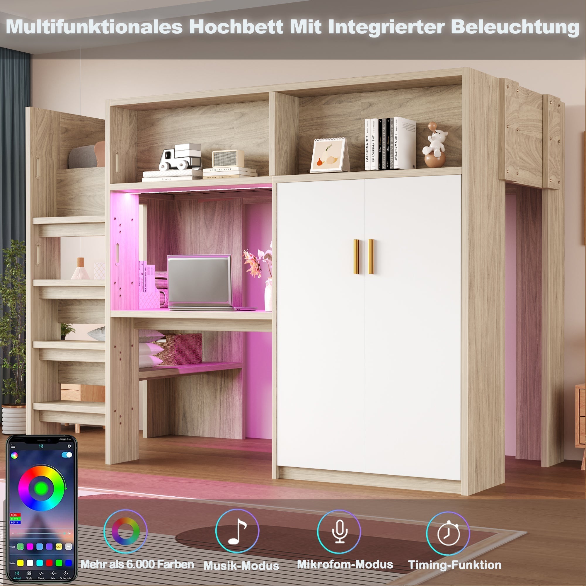 Multifunctional Loft Bed with Desk, Wardrobe, Shelf and LED Lighting, Wood Color