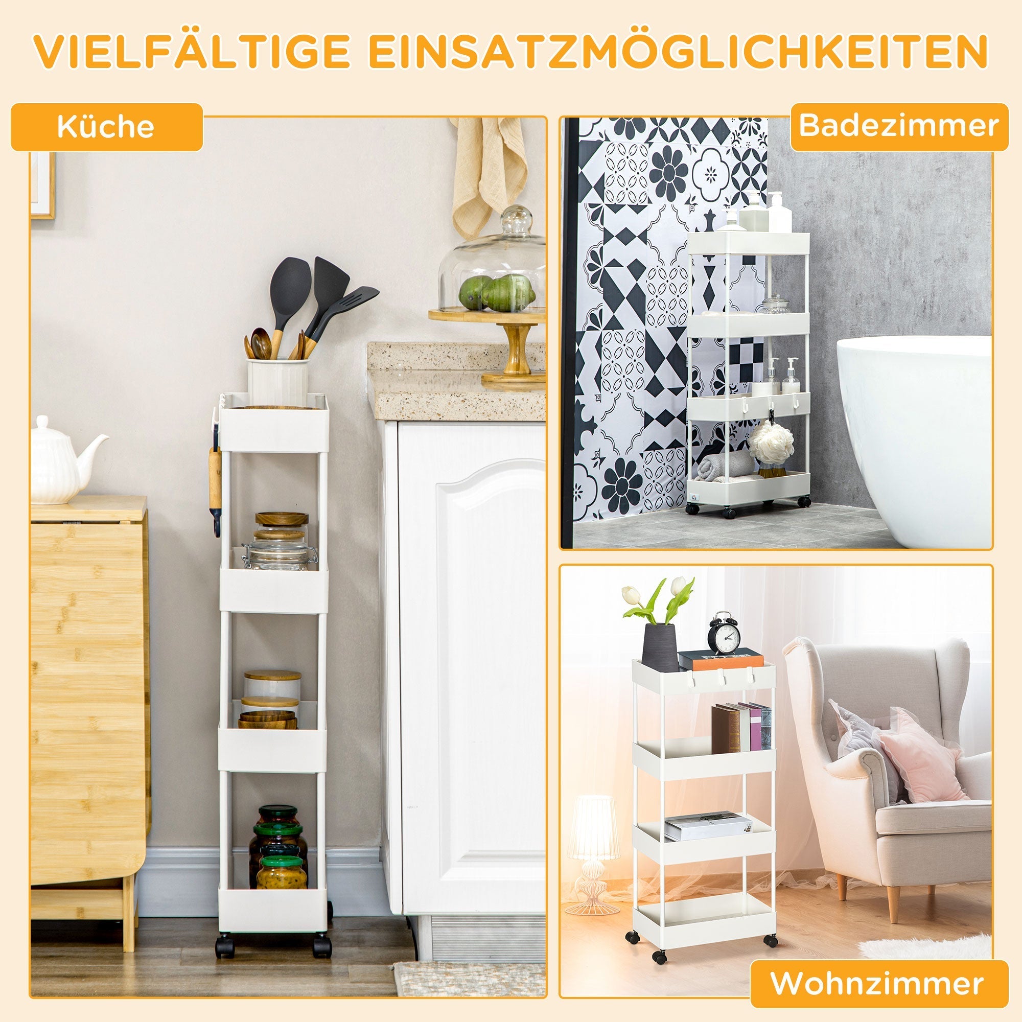 Rollregal für die Küche, 4 Ebenen mit Rollen & Bremsen, Weiß