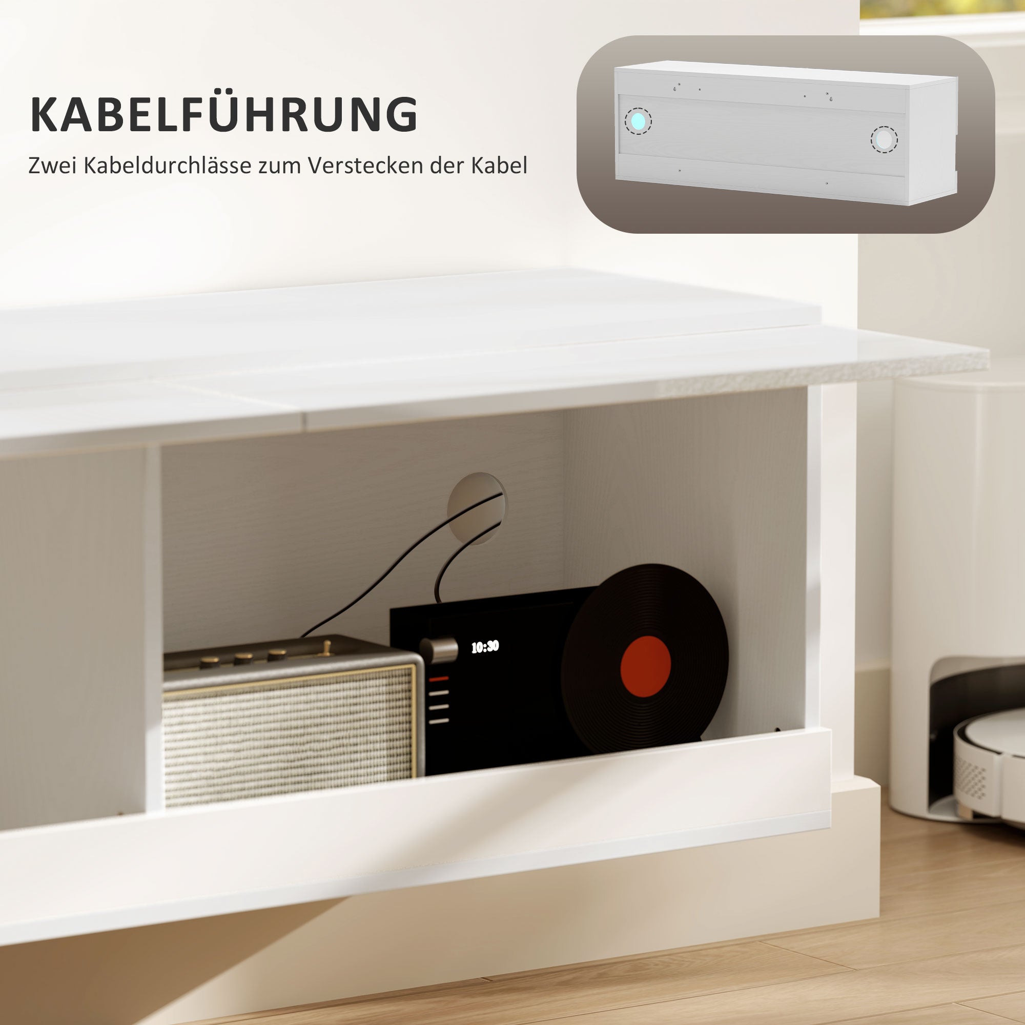 Wall-Mounted TV Cabinet, LED Lighting, Open Shelves, High-Gloss White