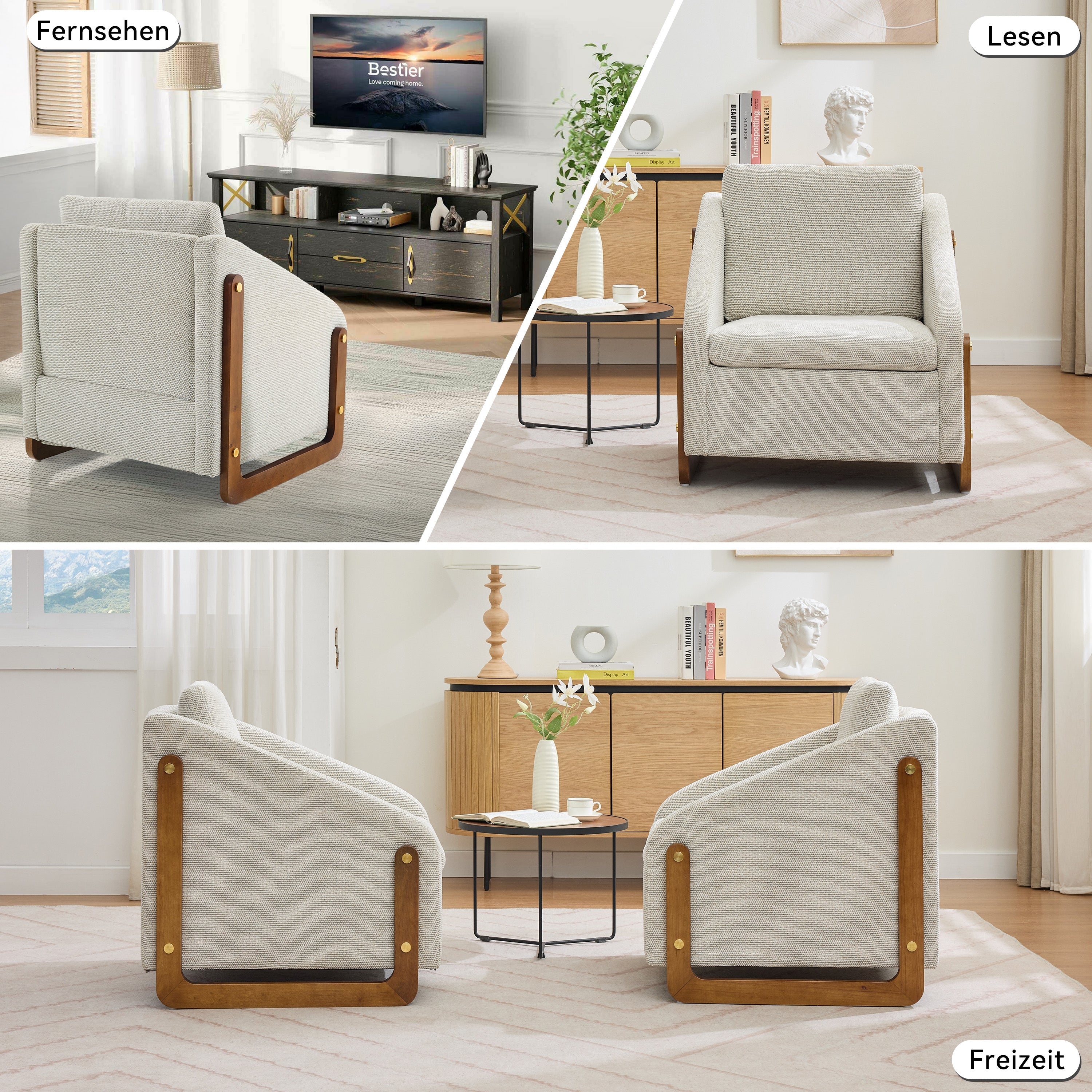 057 Armchair, Living Room Accent Lounge Chair with Wooden Armrests & Back Cushion, Beige Chenille Fabric