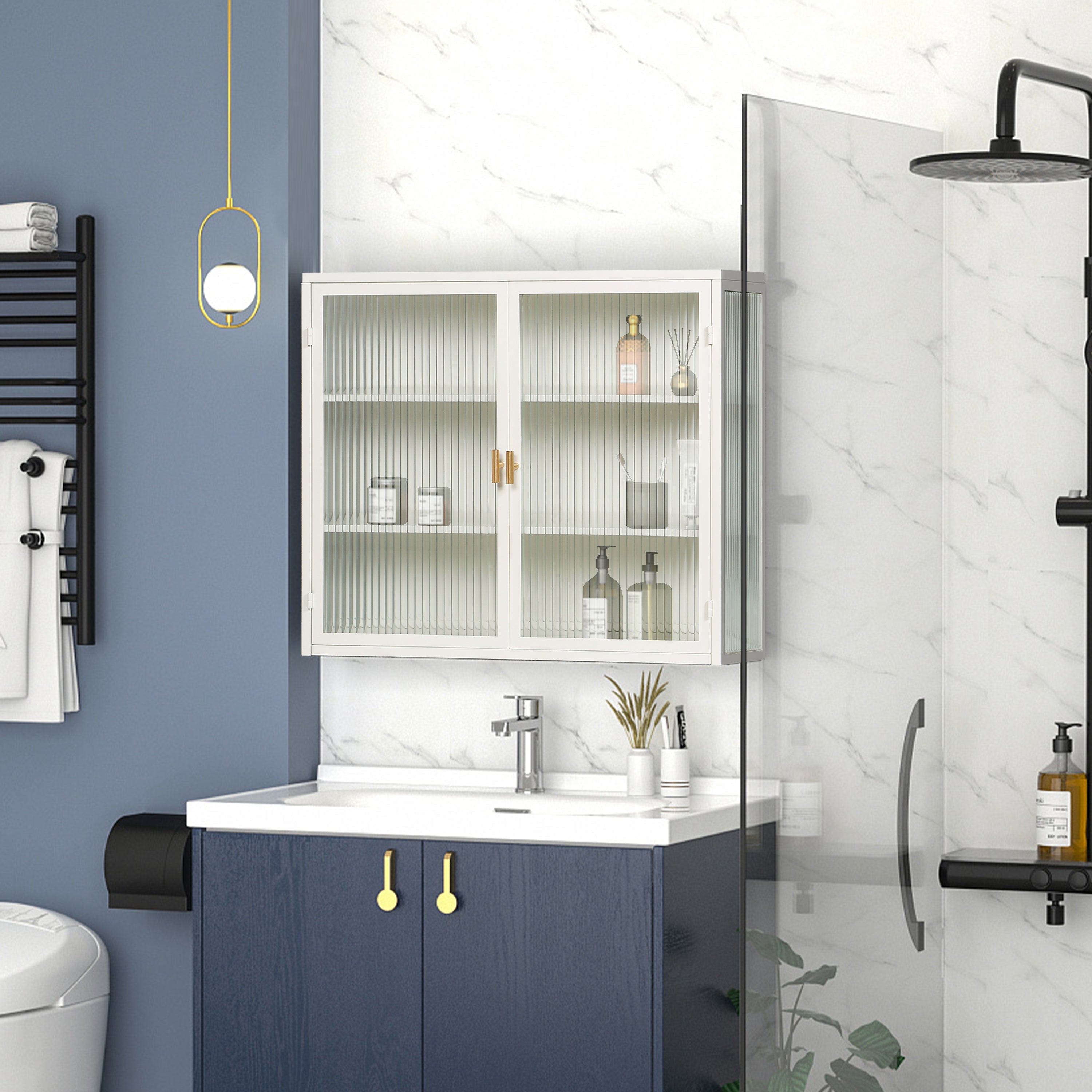 70CM Glass Doors Modern Two-Door Wall Cabinet with Three-Tier Storage White