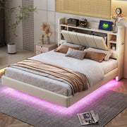 Upholstered Bed 140 x 200 cm, USB, Light Strip, Reversible Headboard, Storage, Metal Frame, Linen Fabric, Beige