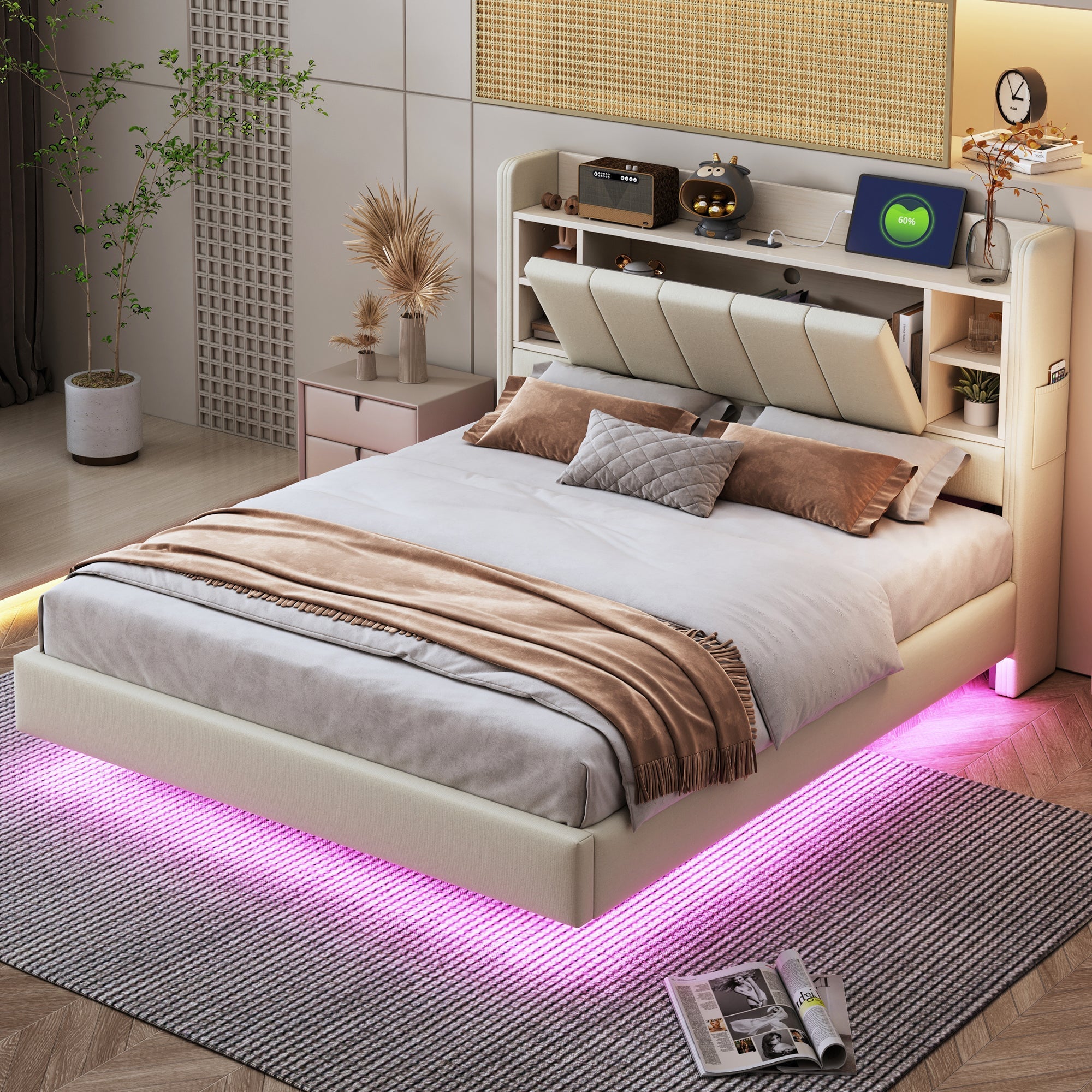 Upholstered Bed 140 x 200 cm, USB, Light Strip, Reversible Headboard, Storage, Metal Frame, Linen Fabric, Beige