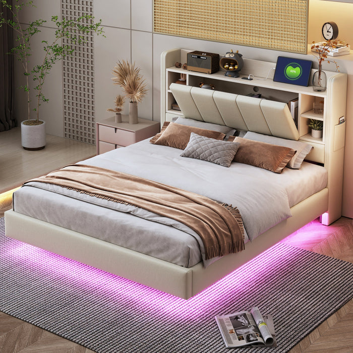Upholstered Bed 140 x 200 cm, USB, Light Strip, Reversible Headboard, Storage, Metal Frame, Linen Fabric, Beige