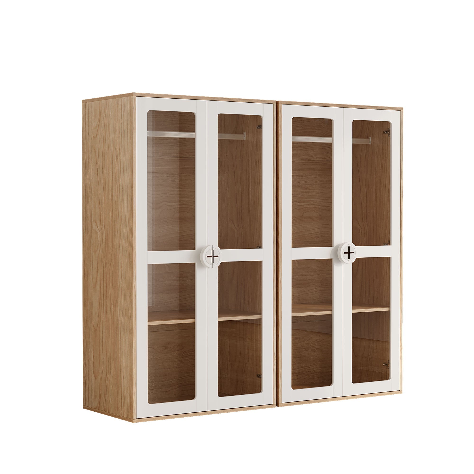 Children's Wardrobe, Double Door with Hanging Rail, 2-Piece Combination, White/Natural Wood Color