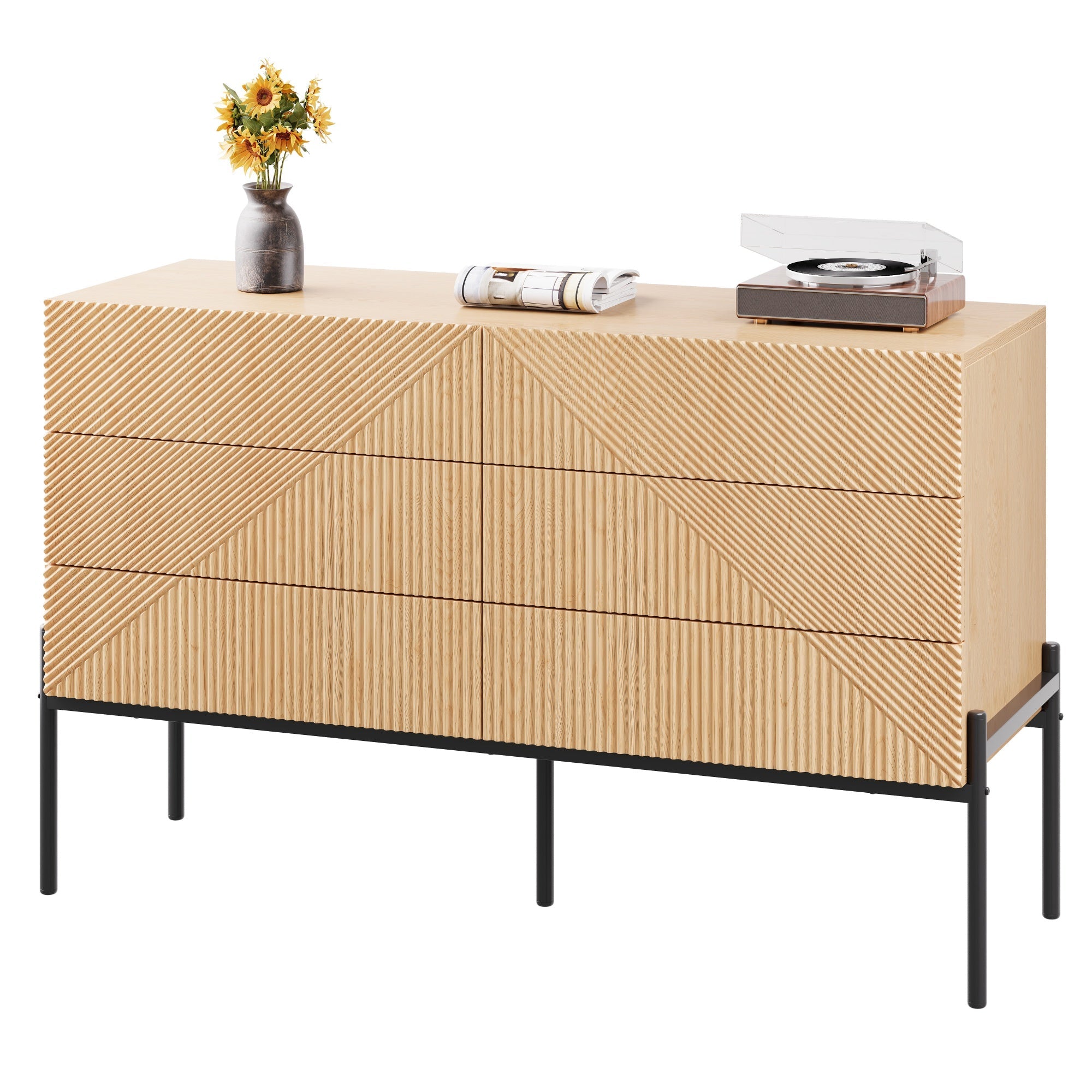 Sideboard with Six Drawers and 3D Geometric Texture, Multifunctional Storage for Living and Dining Room, Wood and Metal