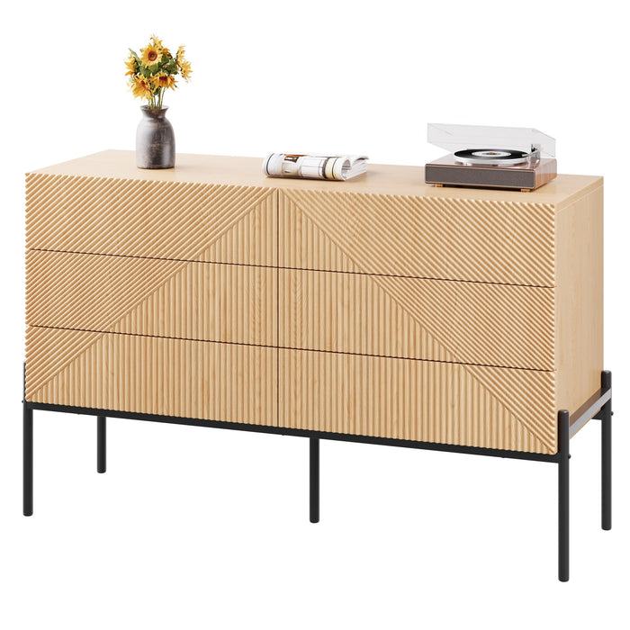 Sideboard with Six Drawers and 3D Geometric Texture, Multifunctional Storage for Living and Dining Room, Wood and Metal
