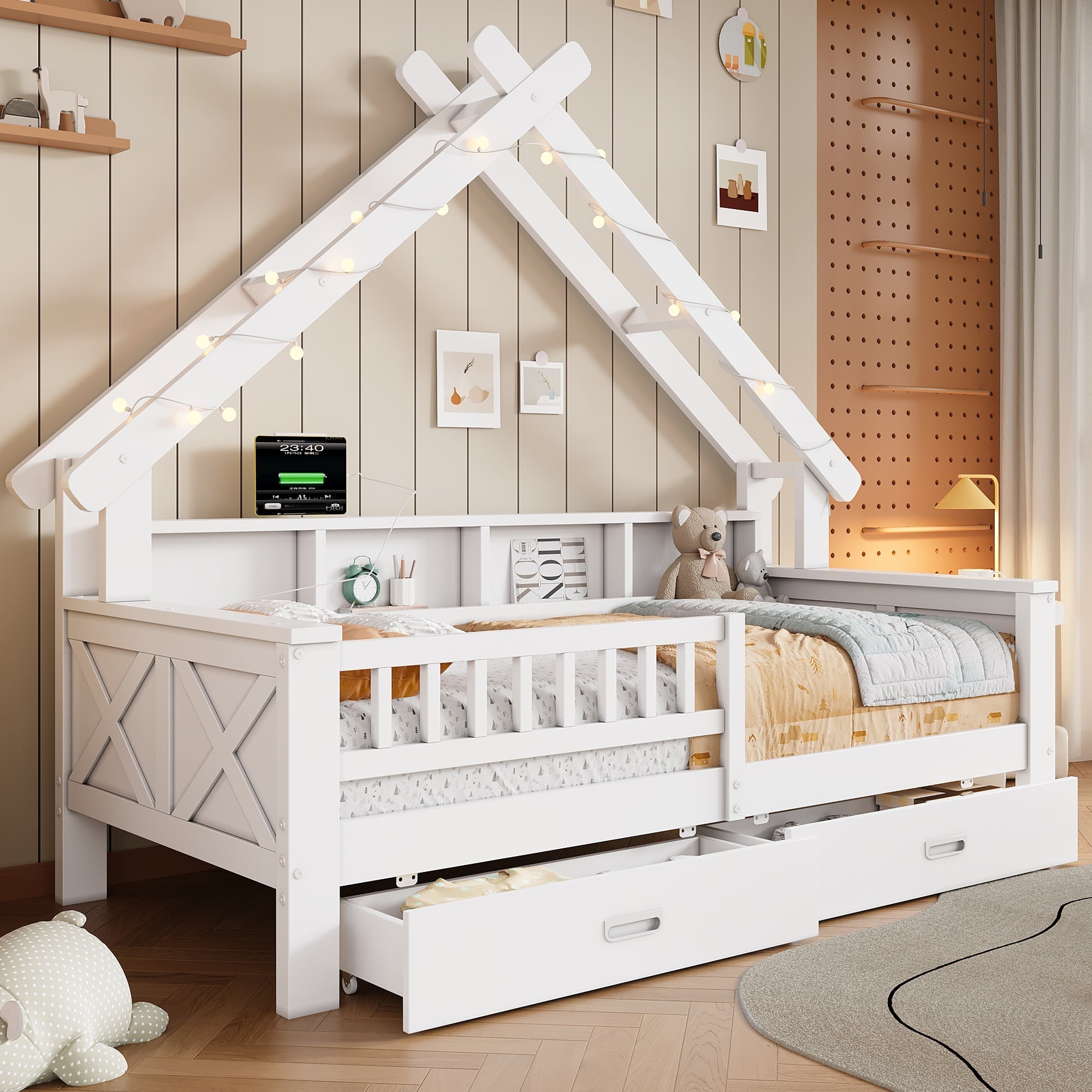 Wooden House Platform Bed with LED Lighting, Storage and Safety Rails, White