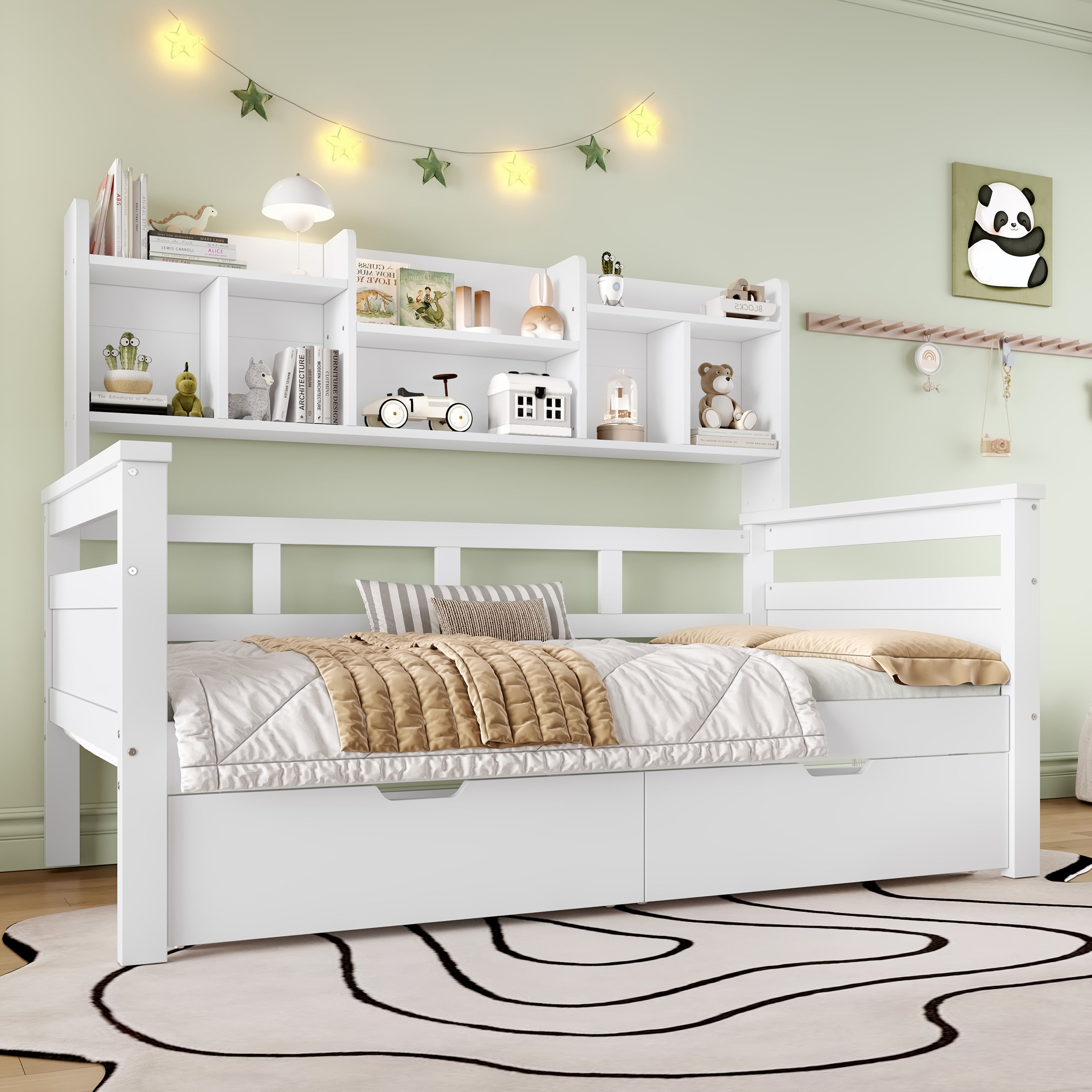 3ft Single Wooden Bed Frame with Two Storage Drawers and Bookcase Headboard, White