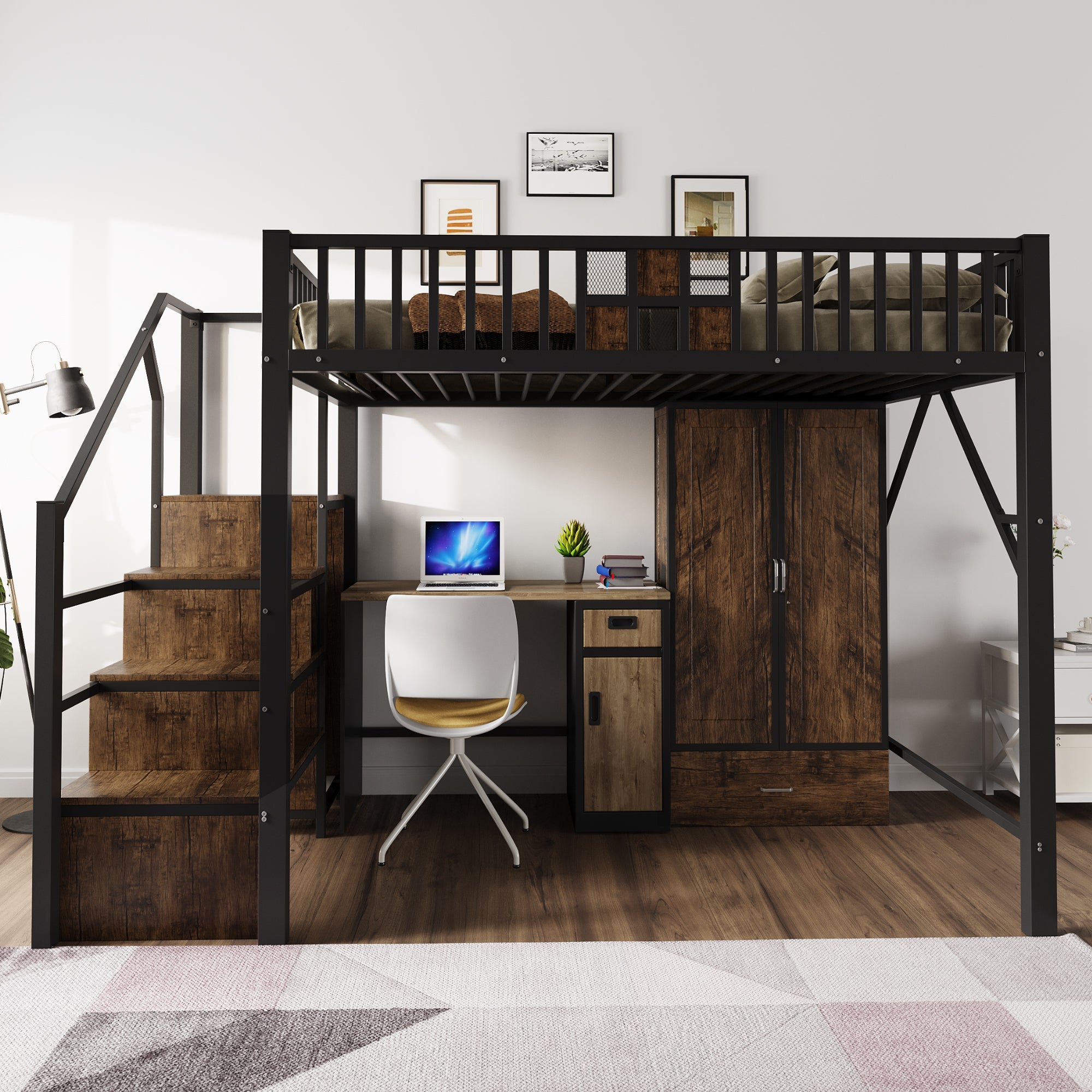 Metal Loft Bed 140x200cm, Wardrobe, Drawers & Storage Ladder, Black Wood & Metal