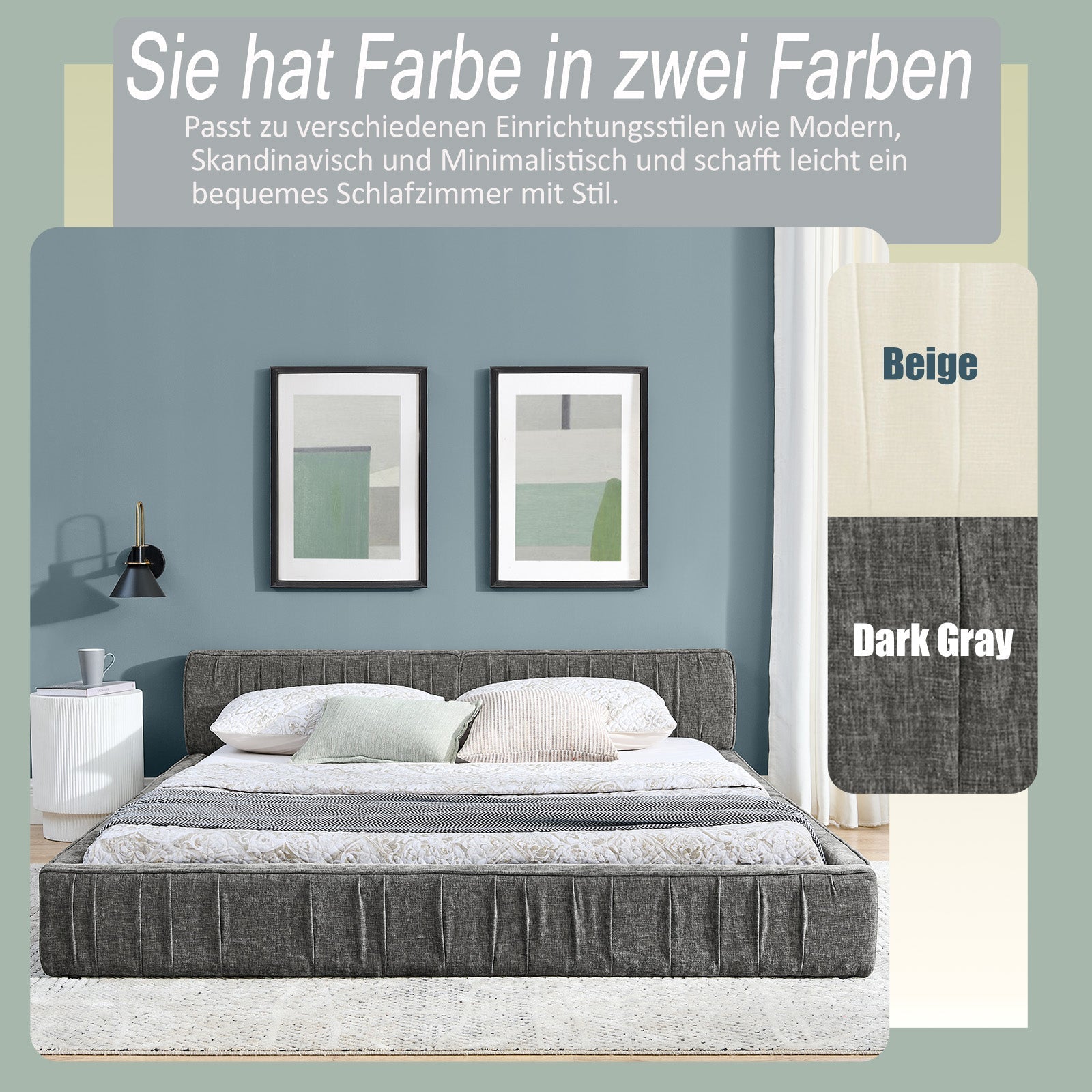 Double Bed 160x200cm Chenille Eucalyptus Wood Iron Frame - Dark Grey