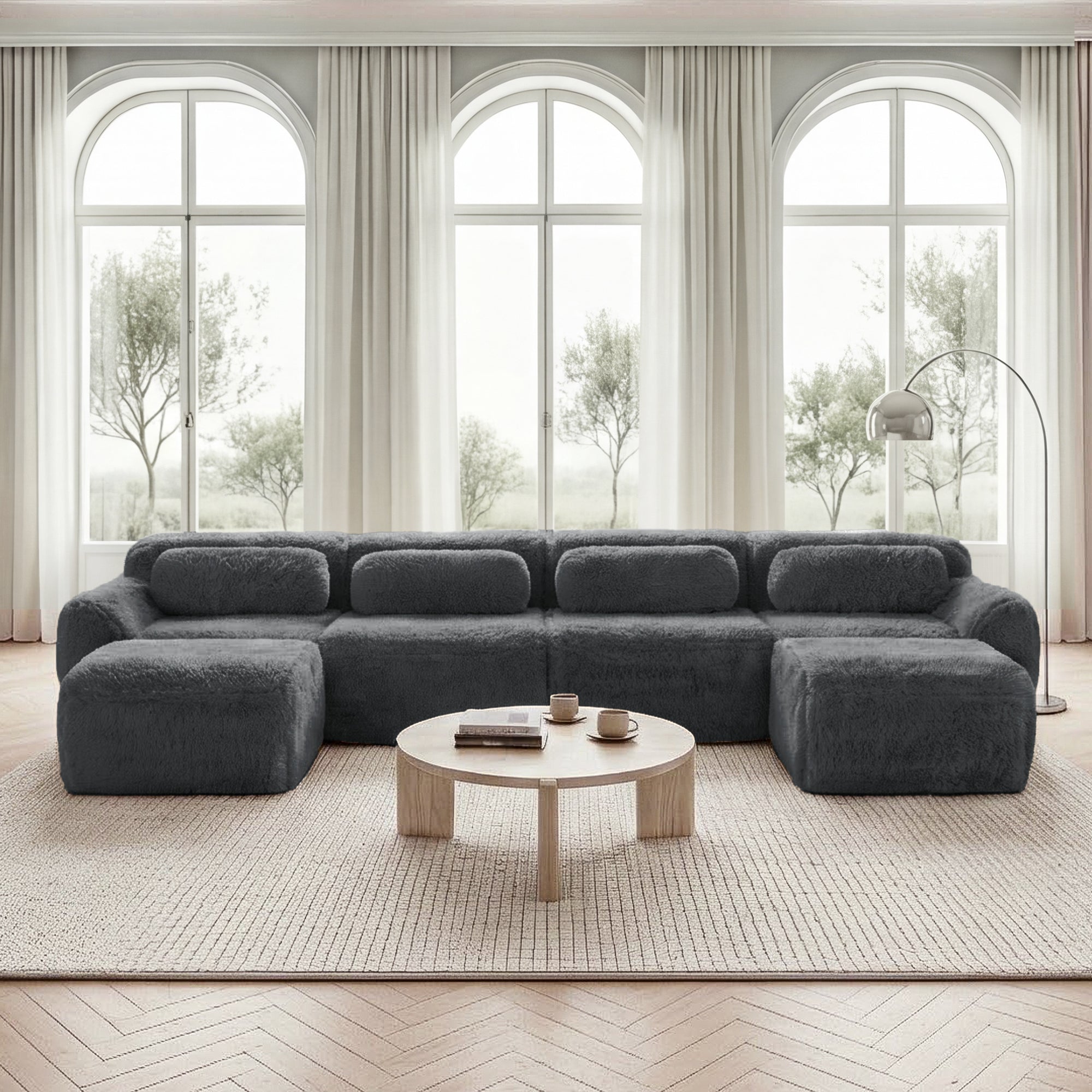 U-Shaped Modular Sofa, No Assembly, Freely Combinable Plush Fabric, Grey