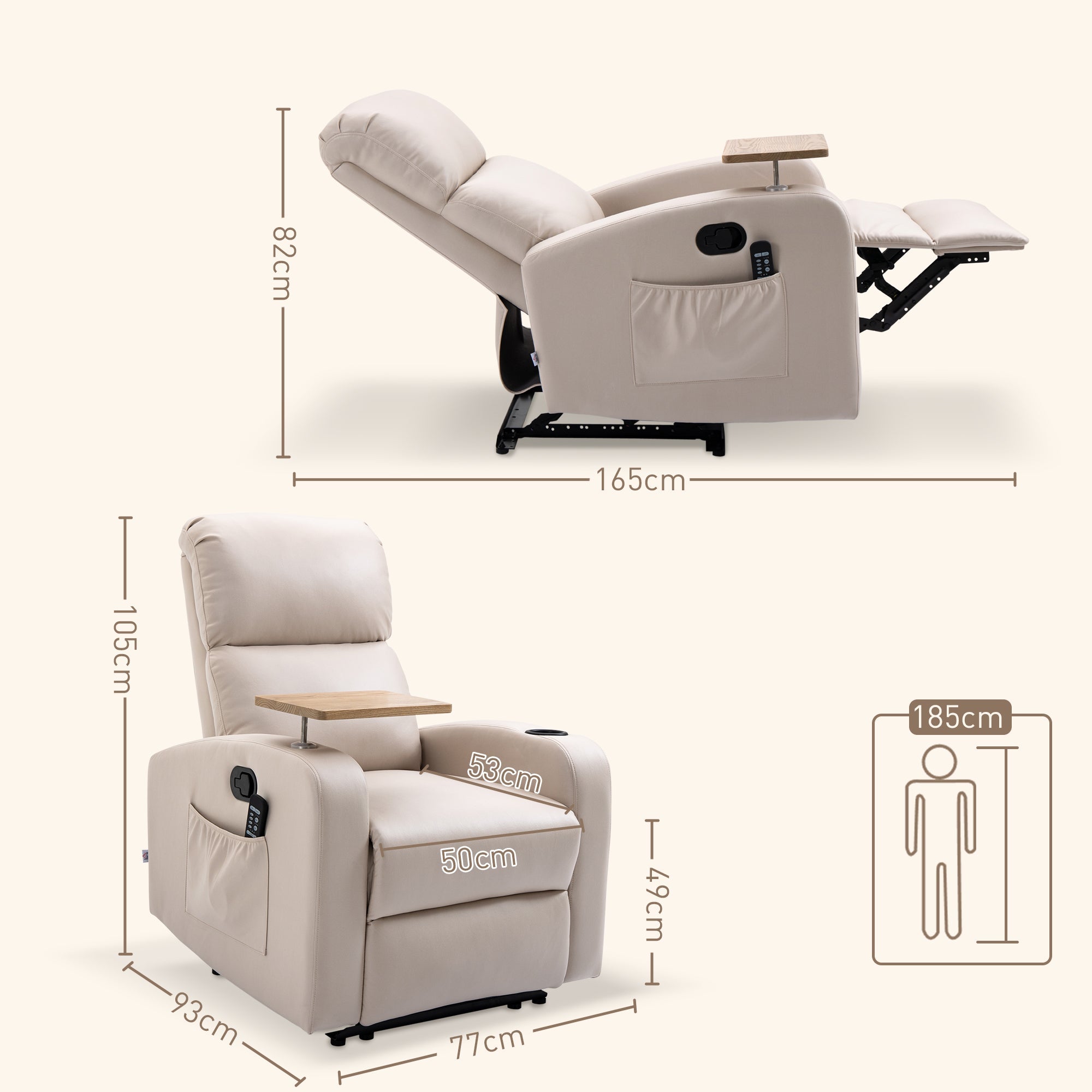 Reclining Armchair, Massage Swivel Table Remote Control, Microfiber Beige