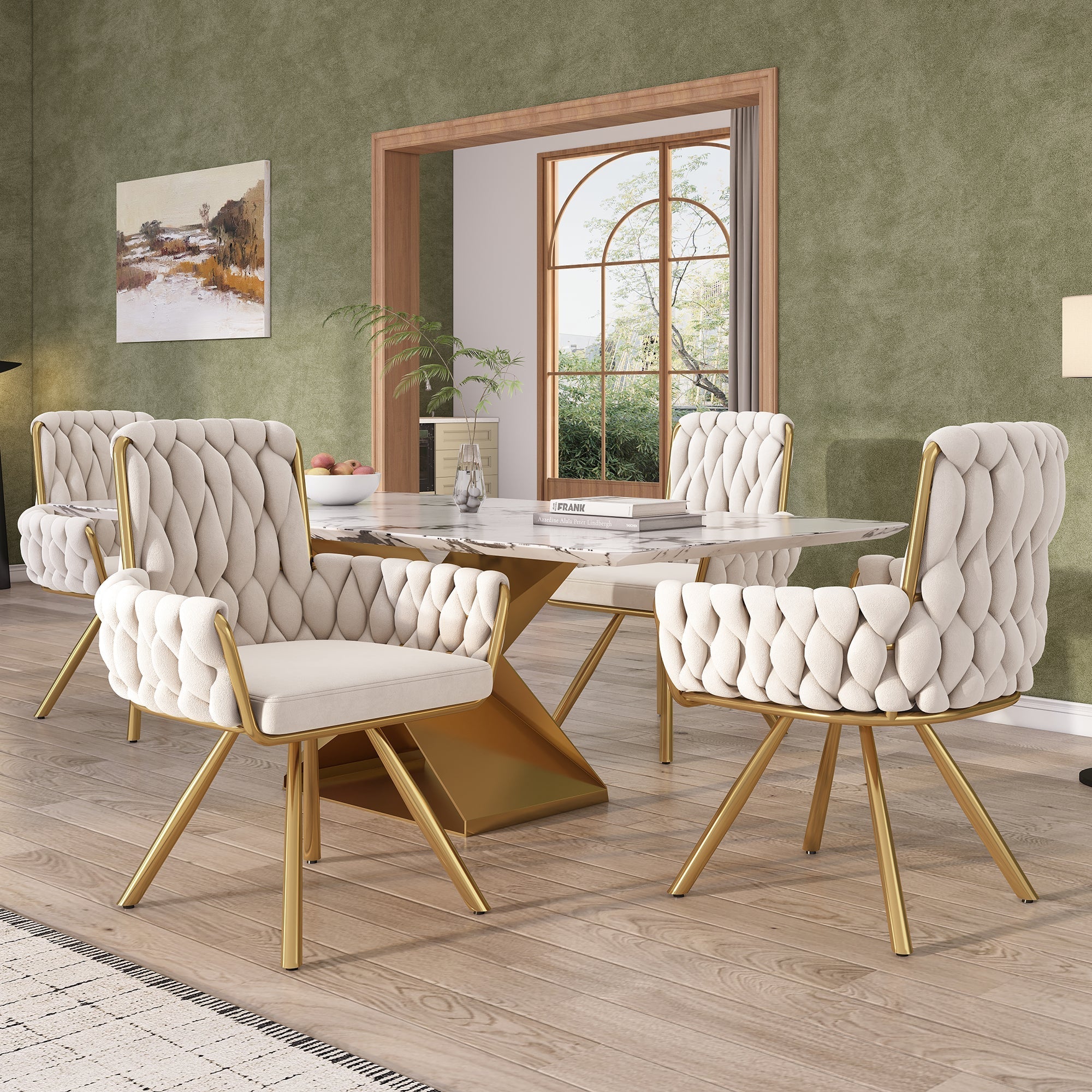 Velvet Dining Chair Set of 2, Luxury Swivel Armchair with Metal Legs, Beige