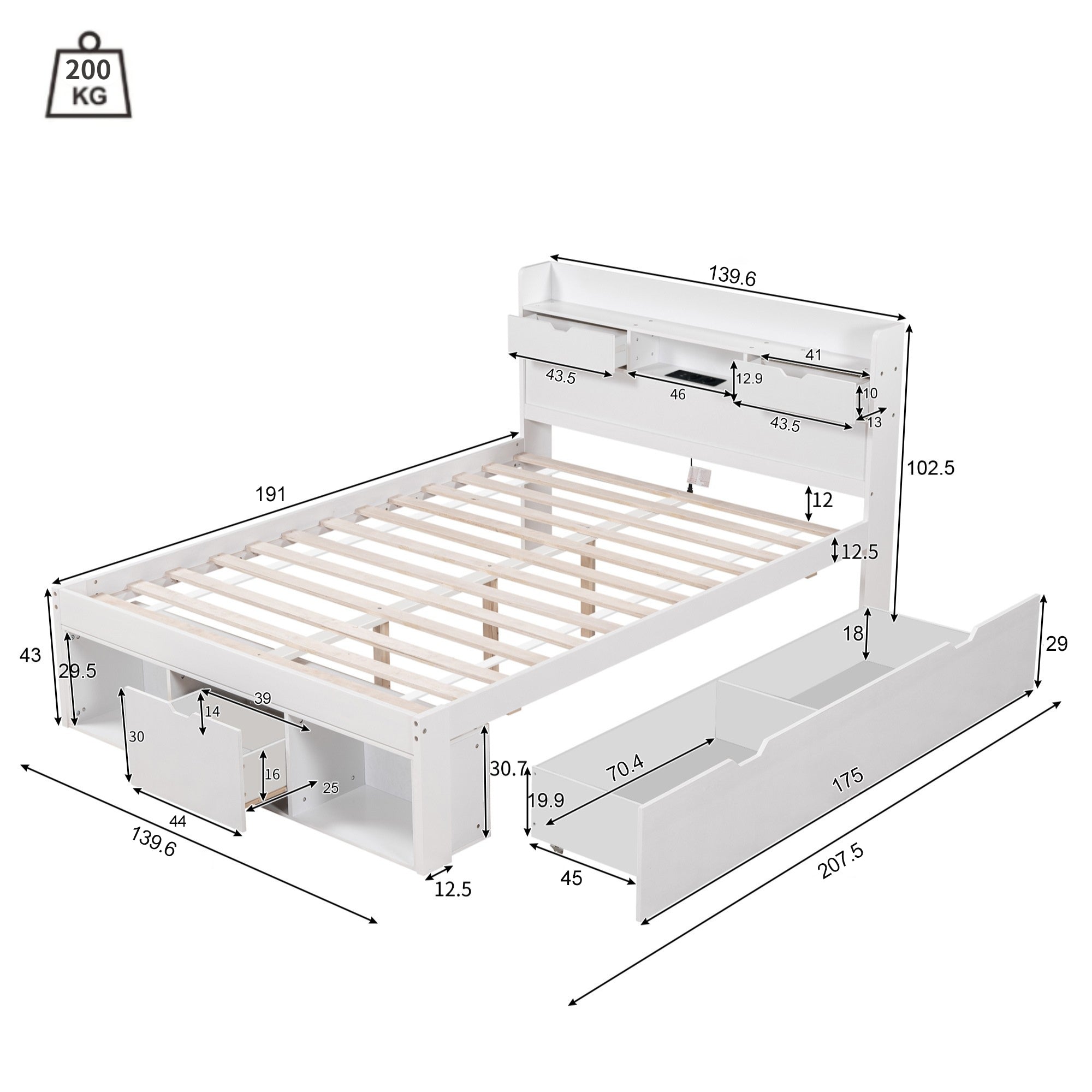 Multifunction Double Bed 135x190cm USB Port Drawers Storage - White