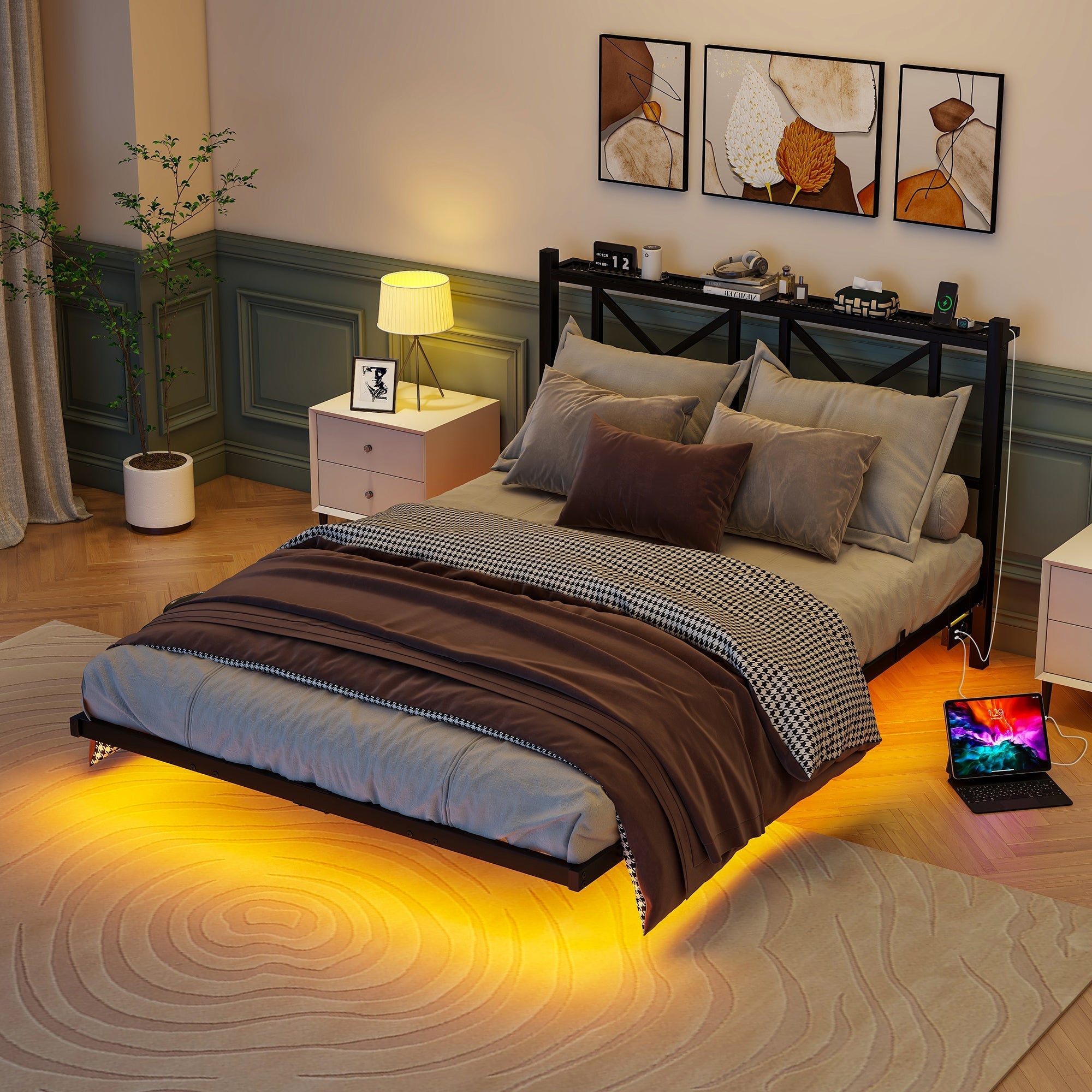 Double Bed Frame 140x200cm Floating LED Charging Station - Metal