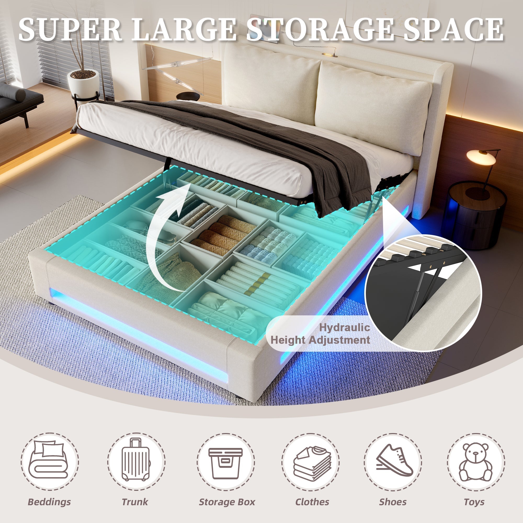 Modern Upholstered Bed with Storage, USB-C, LED Lights, 180x200 cm, Velvet