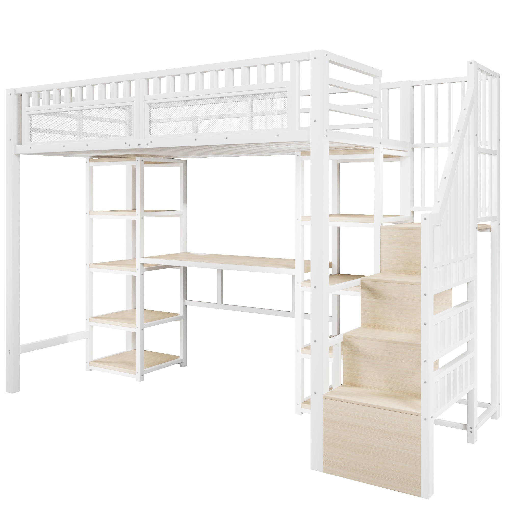 Loft Bed with Desk, Storage Ladder and LED Light Strip, White Metal Frame